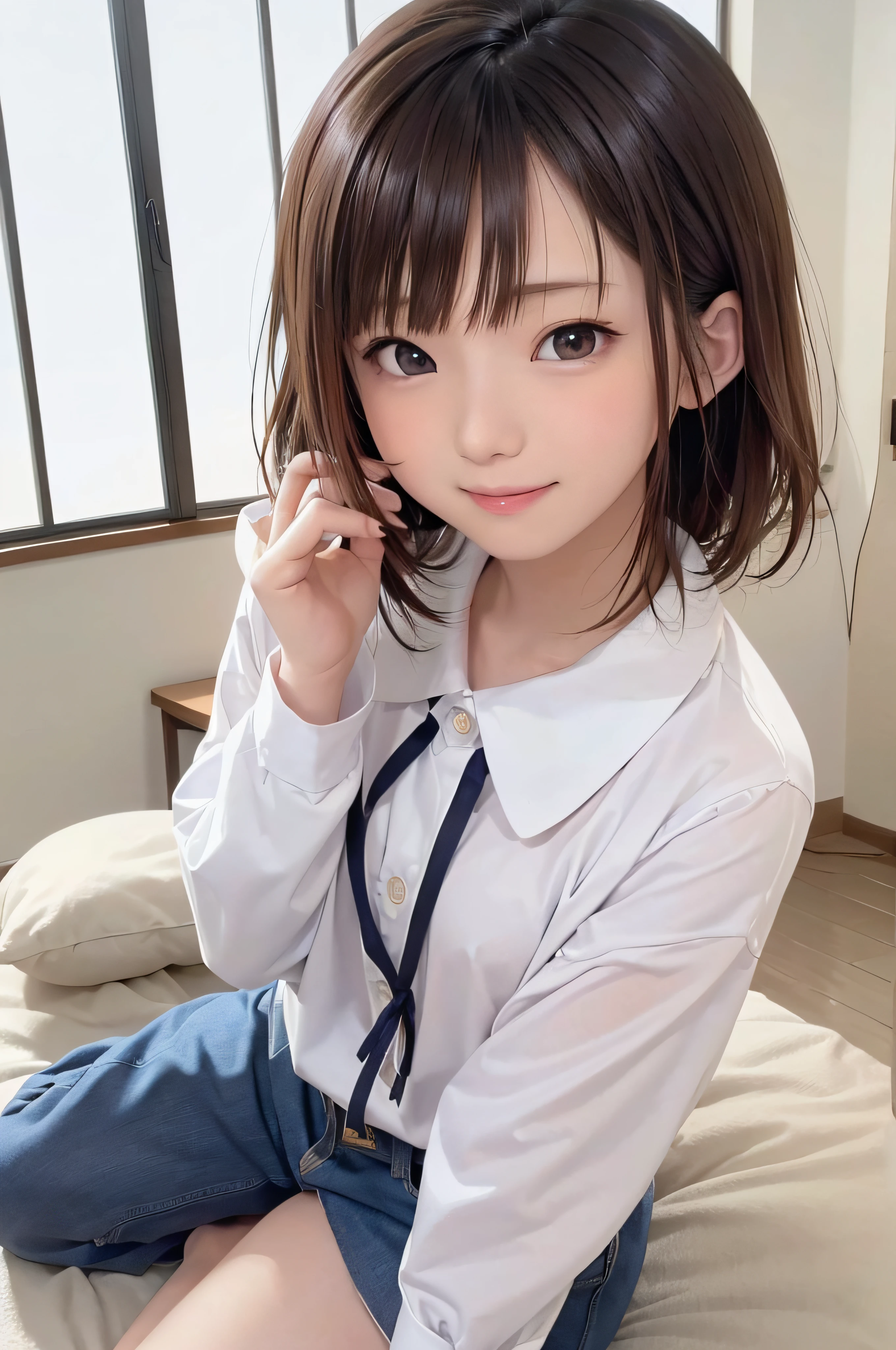 (without background、Pure white background、White background、)、14years、brown haired、beautidful eyes、real looking skin、hi-school girl、校服、small tits、(8K、​masterpiece)、(reallistic、Photorealsitic)、top-quality、ighly detailed、The ultra-detailliert、Beautie、cute little、japanes、idol、a smile、Close-up portrait、Healthy face、with light glowing