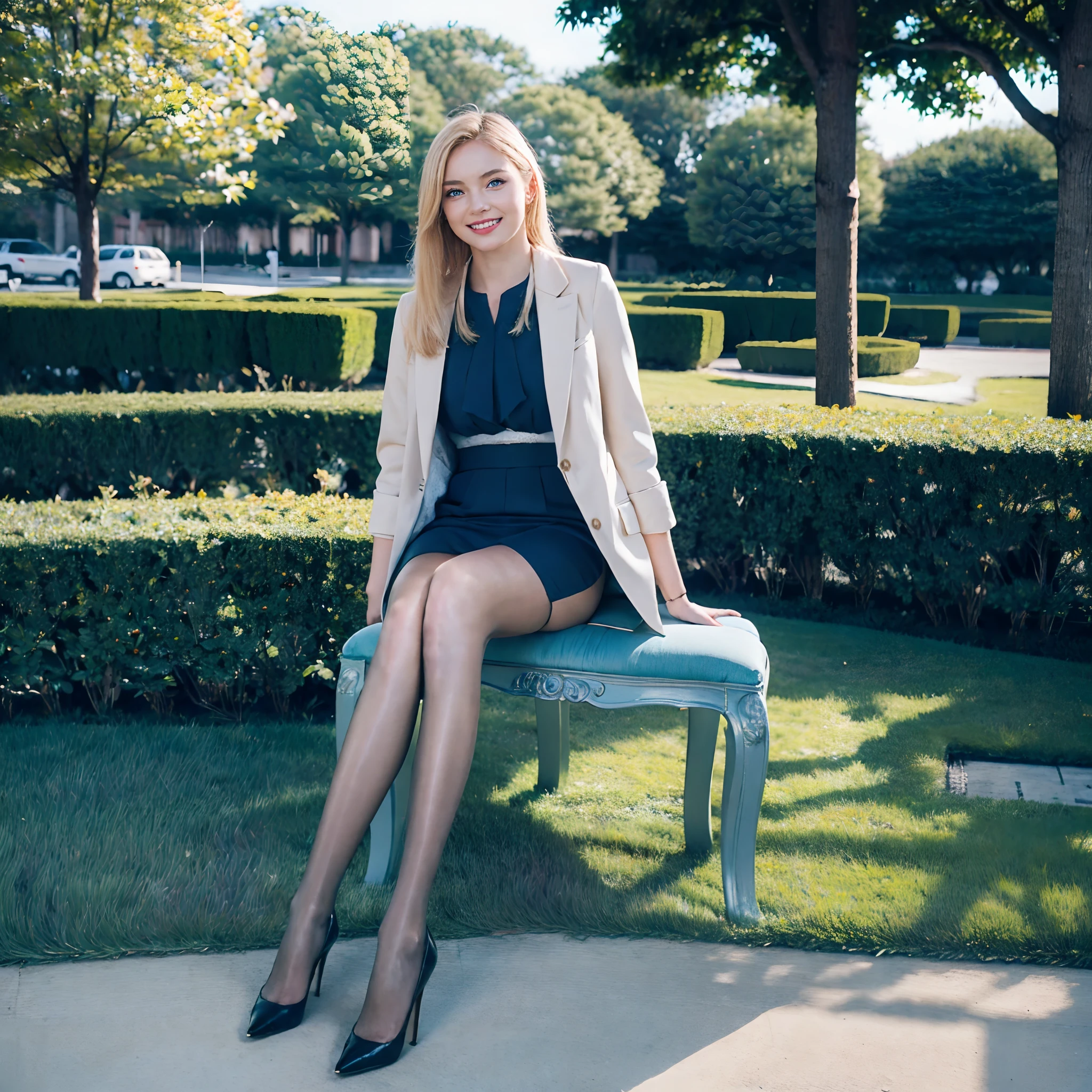 Masterpiece, Best quality, 1girll, Beautiful, Fine, Delicate, extremly intricate, Detailed, Blonde hair, Jacket, Blue eyes, ((Masterpiece)), Extremely detailed, Best quality, high resolution, ((at park)), bridget, Smile,  Flesh-colored pantyhose，high-heels