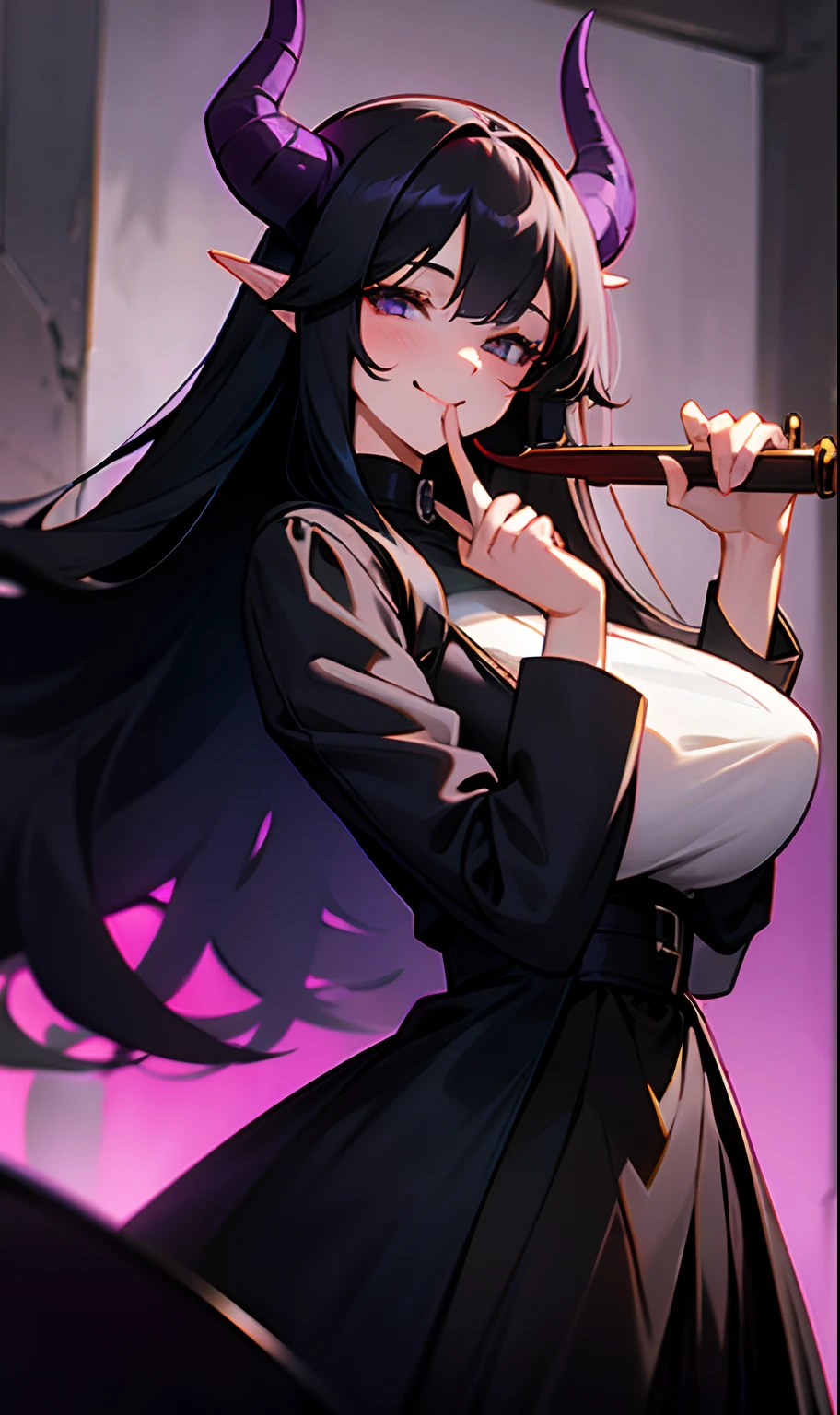 30-year-old girl holding a pipe while wearing a black dress with huge breasts and with her finger under her mouth smiling long black hair and light purple demon horns