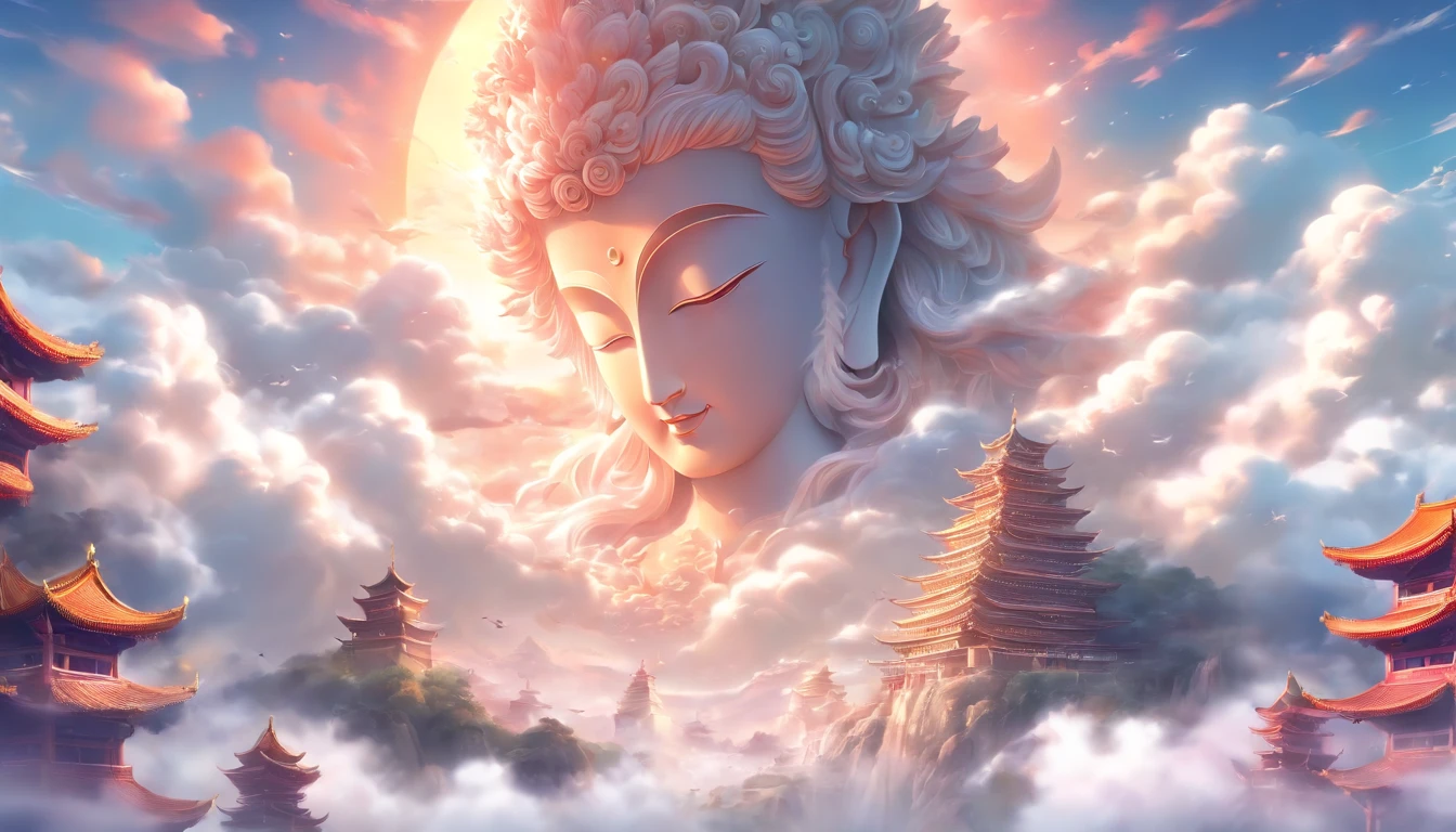 ((Masterpiece)),(Best quality)),China-style,In the sky, The clouds form a huge transparent glowing white tree Buddha statue,Thick clouds,The sun shines,Pilgrims on the road,Hyper-realistic,Ultra photo realsisim,Real Photographics,8K,High definition,high qulity,Works of masters,super-fine,(((OC renderer)))