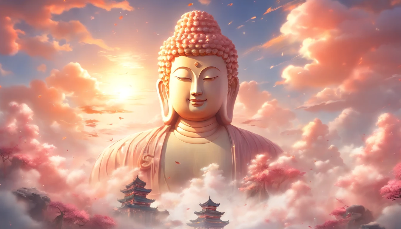 ((Masterpiece))，(Best quality))，China-style，In the sky, The clouds form a huge transparent glowing white tree Buddha statue，Thick clouds，The sun shines，Pilgrims on the road，Hyper-realistic，Ultra photo realsisim，Real Photographics，8K，High definition，high qulity，Works of masters，super-fine，（（（OC renderer）））