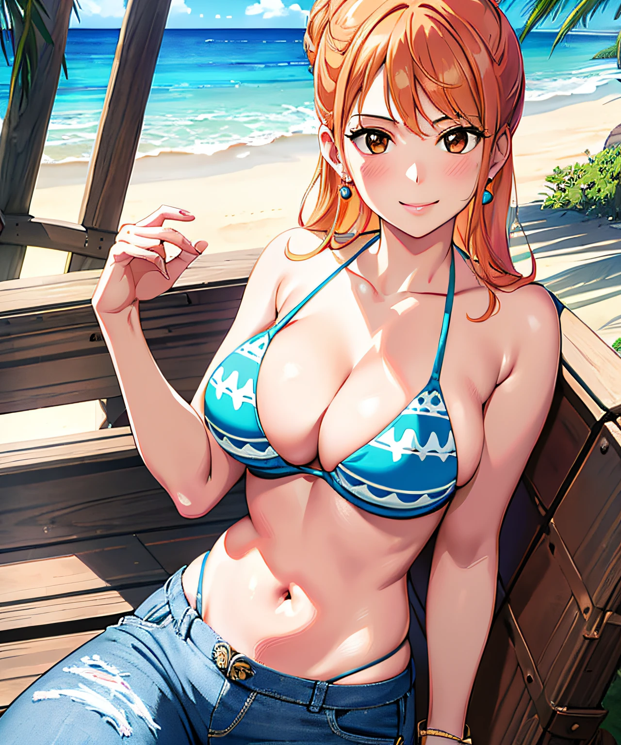 masterpiece, ((ultra detailed background, delicate pattern, intricate detail)), (highly detailed, fine details), best quality, beautiful lighting,((medium breasts, slim girl)),  white T-shirt, jeans, hair in a bun,  Showing , , pink ,visible ,wet body , milf, 1girl, orange hair, solo, long hair, jewelry, ((medium breasts, slim girl, bikini top only, jeans)), brown eyes, smile, earrings, cleavage, bracelet, collarbone, navel, blue tattoo, (complex detailed background, outside, beach environment, sunny, nature, wooden ship deck), ((close-up, portrait)),