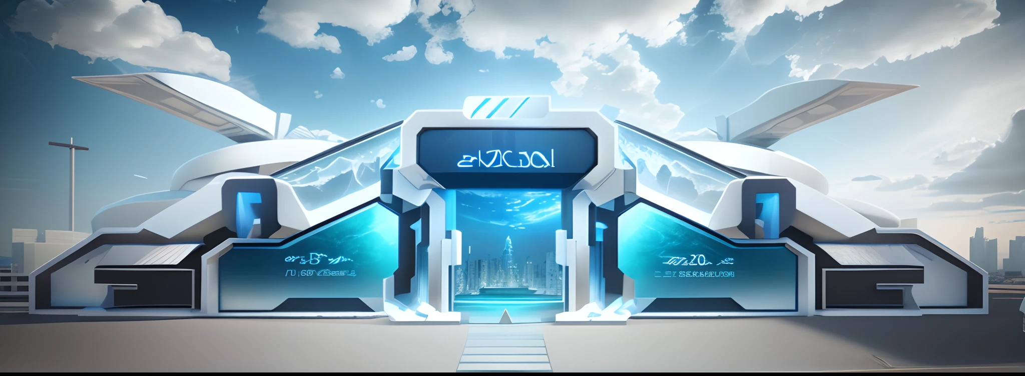 Large blue and white display, Bold experimental style, Blue, City signs, realistic blue skies, Futuristic technology, Minimalism, 8K 3D style, Blue and white, Harco, Industrial and product design, Hiking core, 32k ULTRAHD, New objectivity，Resin material all，3D，C4D，PBR，Unreal Engine5，octaneratingrendering，noise reduction and fine details，Realistic textures，Cinema lighting，White marble resin art，High stone mural resolution，1 billion pixels，Color，Retouching，enhancer