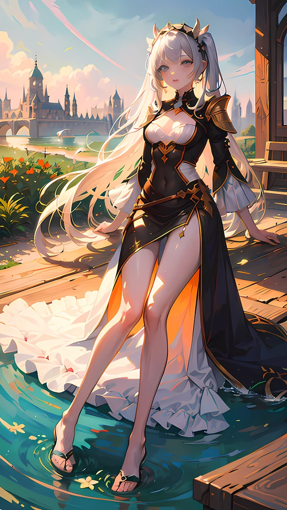 ((absurderes,tmasterpiece)) oases, illustratio, dream, Surreal background, afloat, Long, flowing hair, kosmos, Alternate dimensions, godliness, mito, a paradise, Extravagant clothing, long skirt, POV ultra-high resolution