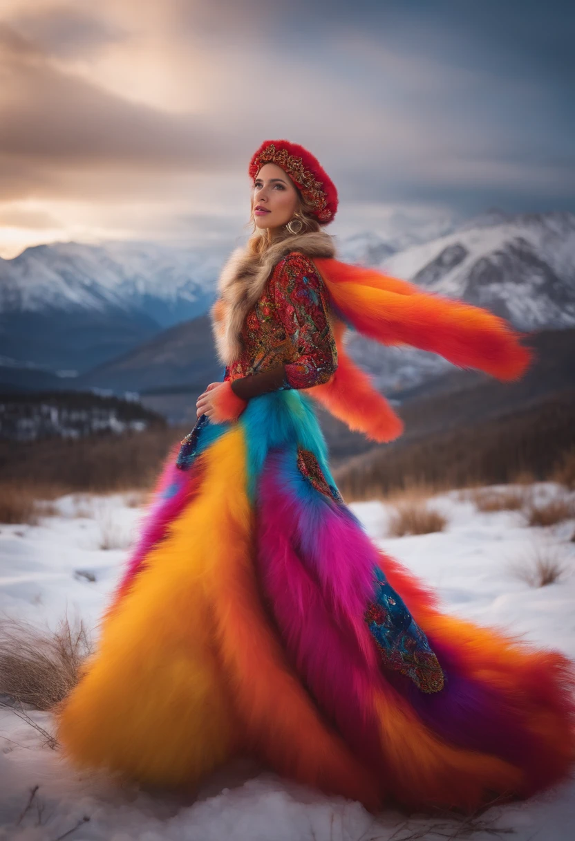 In her exotic, colorful dress and fur hat, the young girl looked like a vibrant burst of energy against the backdrop of the snowy landscape.