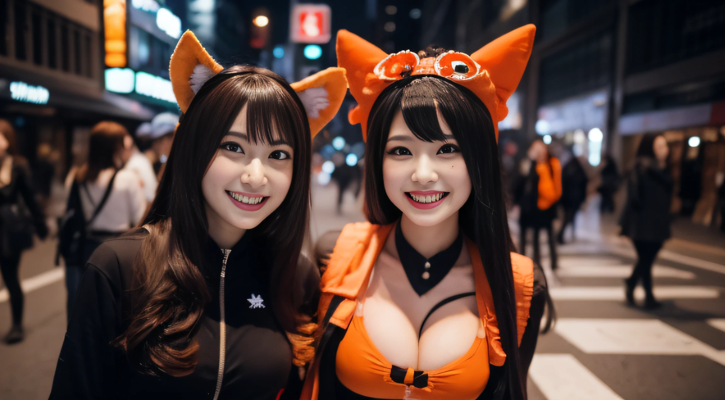 Two women are walking the streets of Shibuya in Halloween cosplay　Looking at the camera and smiling