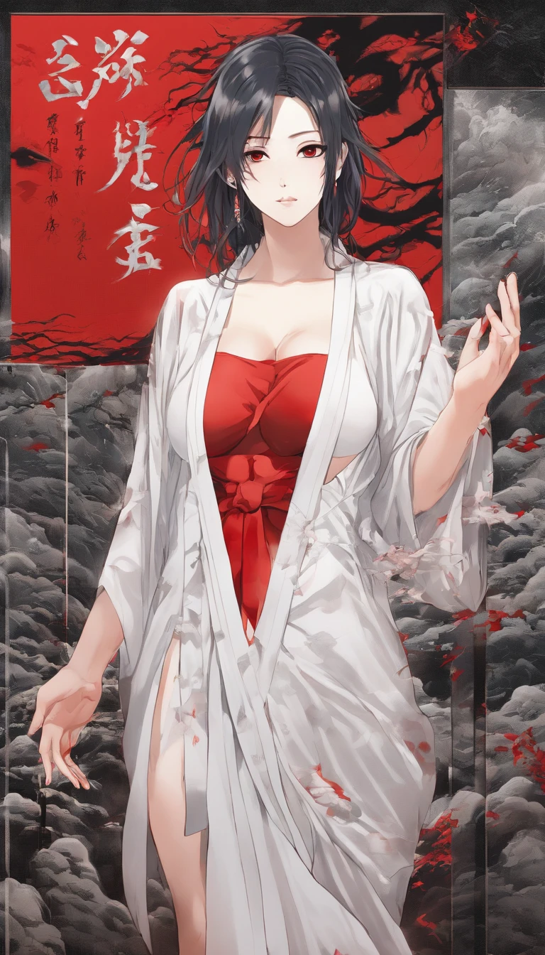 highest quality,Very detailed,Realistic,Traditional Japanese art style,Dramatic lighting,Japanese , Iaido Expert, Long, messy black hair, Capture her agility and skill, He is holding a bloody Japanese sword in his right hand., Sensual, There was blood on his face.