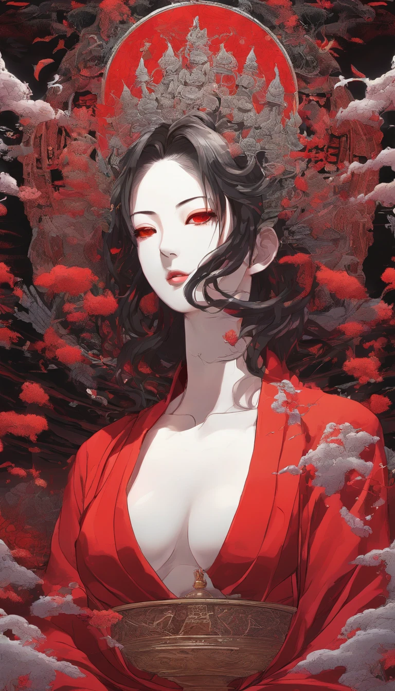 Blood Red Room, White TV screen flashing, Buddha statue, cabelos preto e longos, Disheveled hair, Cover one eye and face, Bright red eyes, Wearing a white transparent robe, Looming breast augmentation,Liquor,devil, reaching out her hands,straighten the body, Red nails are exposed, Pinch the camera, hyper HD, Anatomically correct, Textured skin, Super Detail, high details, High quality, hight resolution, 8K, hyper HD, Anatomically correct, Textured skin, Super Detail, high details, High quality, Best Quality, 8K,Reishnampo,Room 2,Horror
