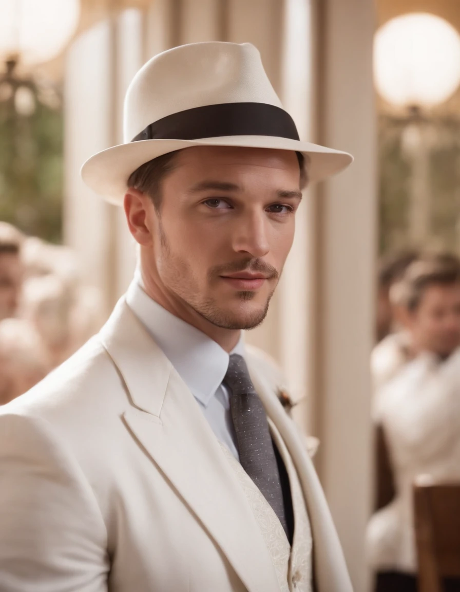 arafed man in a suit and tie standing in a restaurant, a suited man in a hat, handsome man, beautiful man, white suit and hat, dressed like in the 1940s, by John La Gatta, tom hardy as henry dorsett case, attractive man, very handsome, inspired by Roy Dalgarno, brendan fraser