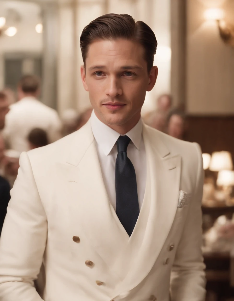 arafed man in a suit and tie standing in a restaurant, a suited man in a hat, handsome man, beautiful man, white suit and hat, dressed like in the 1940s, by John La Gatta, tom hardy as henry dorsett case, attractive man, very handsome, inspired by Roy Dalgarno, brendan fraser