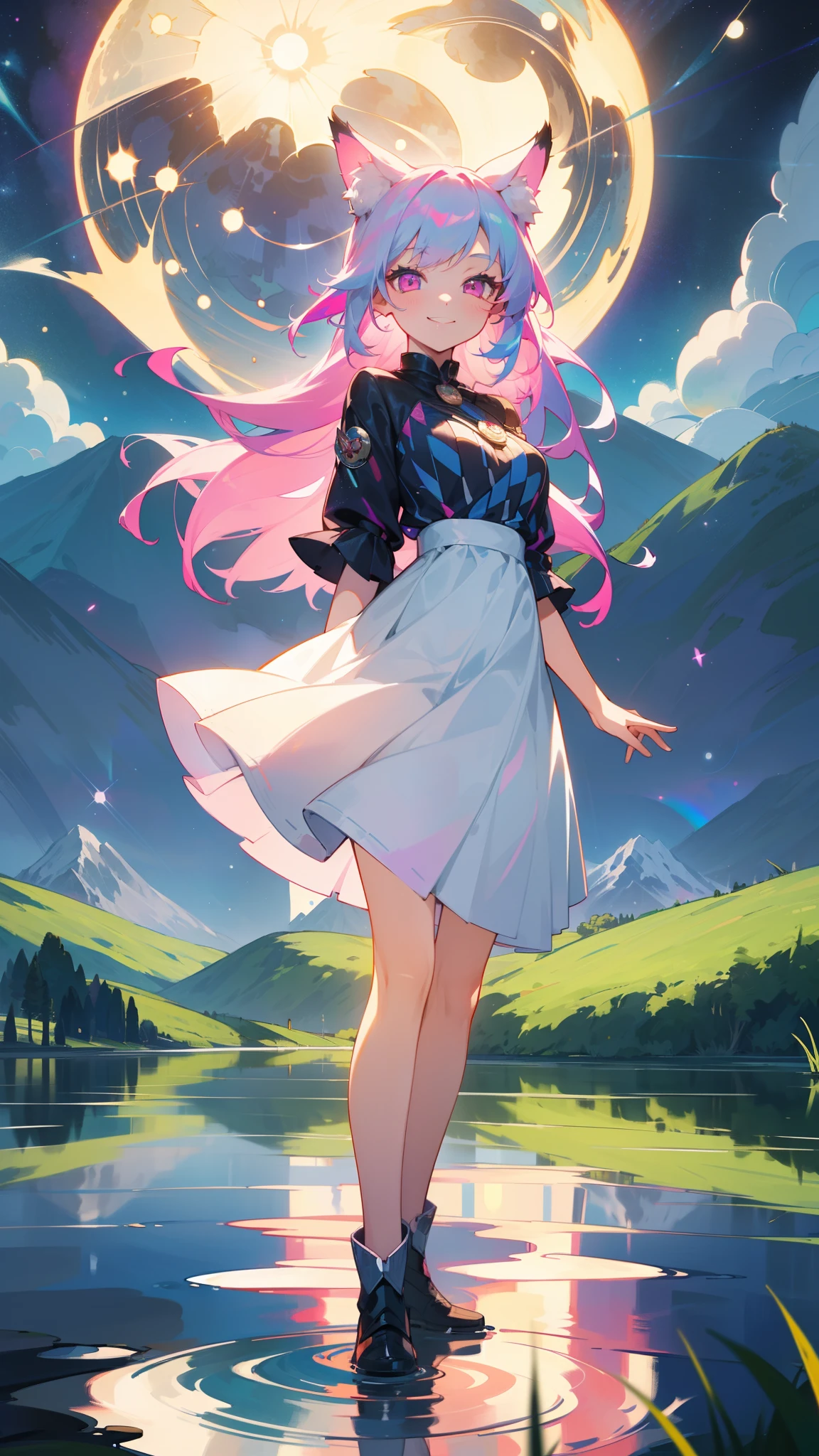 1girl ,20s,happy face,smile,white short dress,medium tits,rainbow hair,long hair,pink eyes,fox ears,((standing,grass,mountain,lake,moonlight reflected in water, in the starry night,)),cowboy shot,