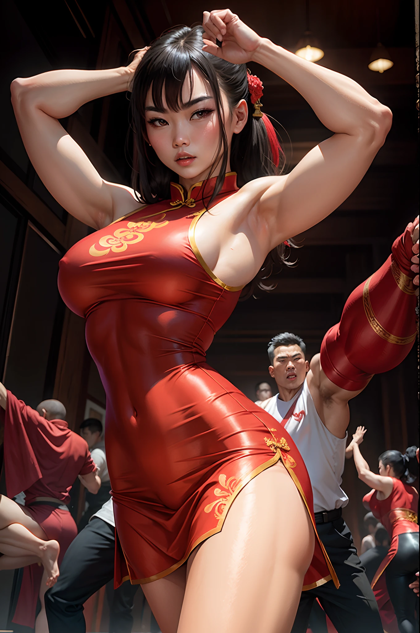 Asian woman in a red cheongsam, muscular, kung fu pose