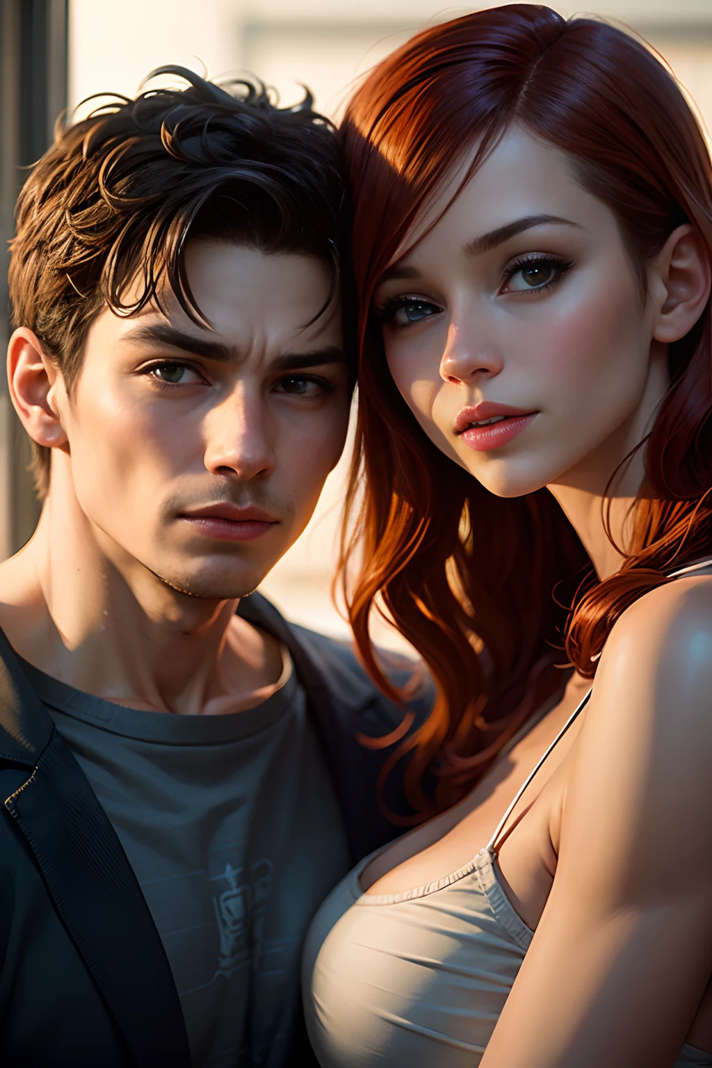 A masterpiece, photorealistic, peter parker as spiderman and mary Jane watson, couple portrait, high quality portrait, a bare couple, couples portrait, fine portrait, full protrait, cover shot, merge, love interest, france, herzog de meuron, promotional portrait, dramatic cinematic lighting