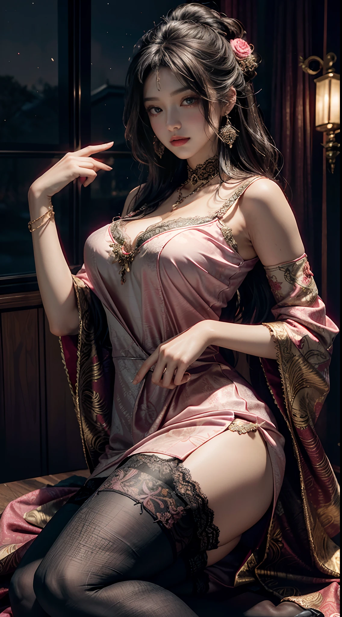 The art depicts attractive women in flowing clothes., silky traditional oriental dress, pink, It is decorated with intricate patterns and bright colors.. Her dress drapes elegantly over her curvy figure, accentuating her seductive silhouette. She stood gracefully in the quiet moonlit night, bathed in the soft glow of the moonlight. The scene exudes an ethereal and dreamy atmosphere, with a touch of mystery and sexiness. The graphic style blends watercolor and digital illustration techniques to evoke a refined beauty and charm. The lights are filled with soft moonlight, casting soft highlights and shadows on her charming features. noire, Big breasts, three-dimensional facial features, standing, Beautiful earrings, bangle, black choke necklaces, ((thigh-high-quality lace black stockings)),