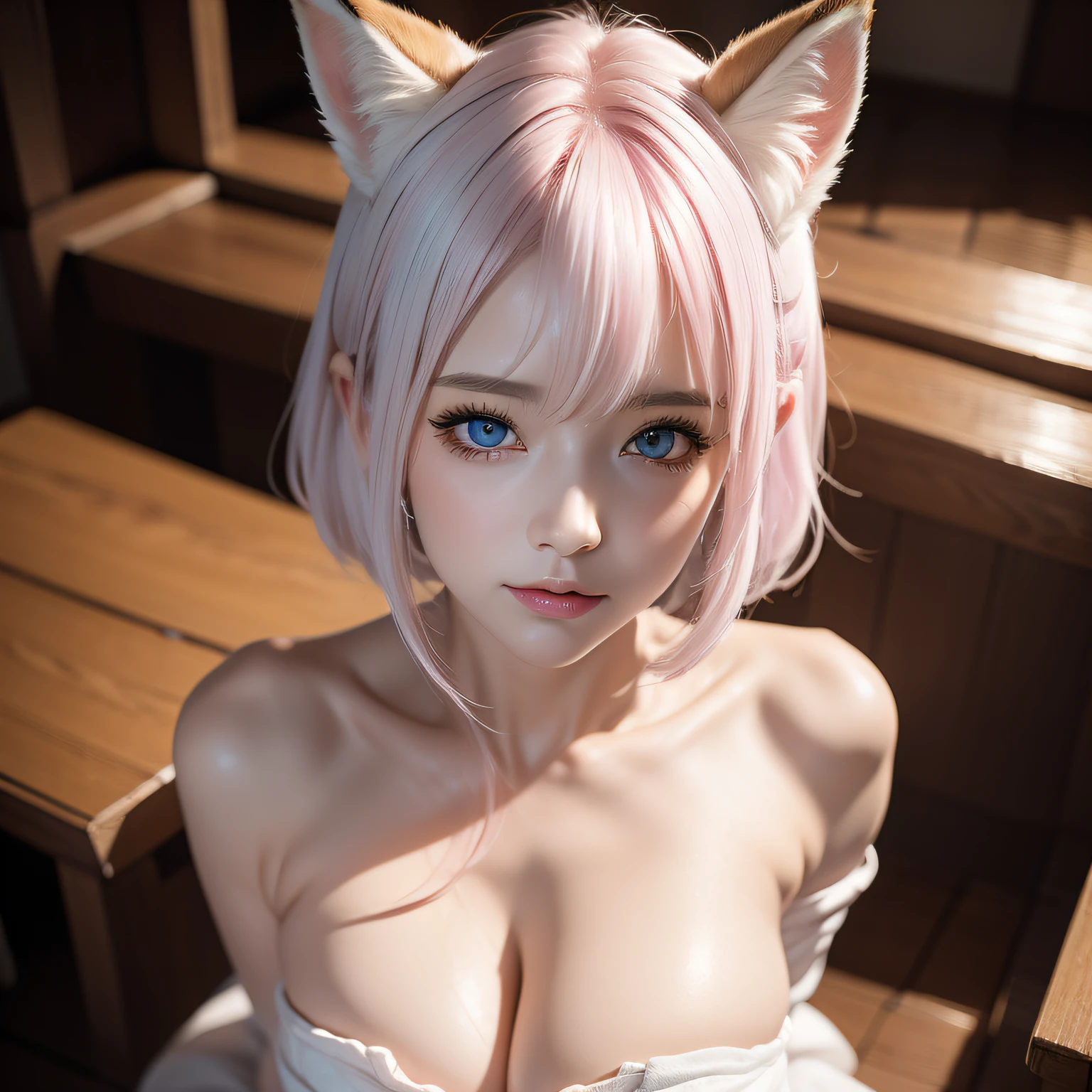 Full body, (Naked:1.5), Two Miss Fox Demons,Fox Devil Fox Years White Hair Girl,Sexy and feminine,Fluffy fox ears,fox tails,No ears,reddish tones,The beauty of fox ears alone,Cover chest,Clan Girl,Fox's eye,Enchanted,Charming,16 K, best qualtiy, tmasterpiece, Raised sexy, Highly detailed face and eyes, professional make up, ,, glow blue eyes,Pink-haired girl with fox ears、Camera angle from above、Looking here、