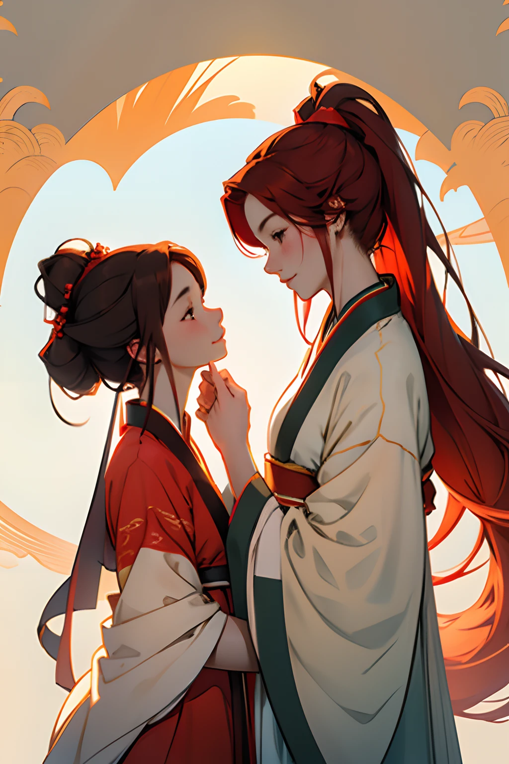 high quality, 4k, two girls as lover, hanfu, white and orange hanfu, red clothes, red hair girl, brown hair girl , flowy ponytail hairstyle ,flat background, gentle expression, looking lovingly at each other, chinese pattern background, sun theme, wuxia, windy hair