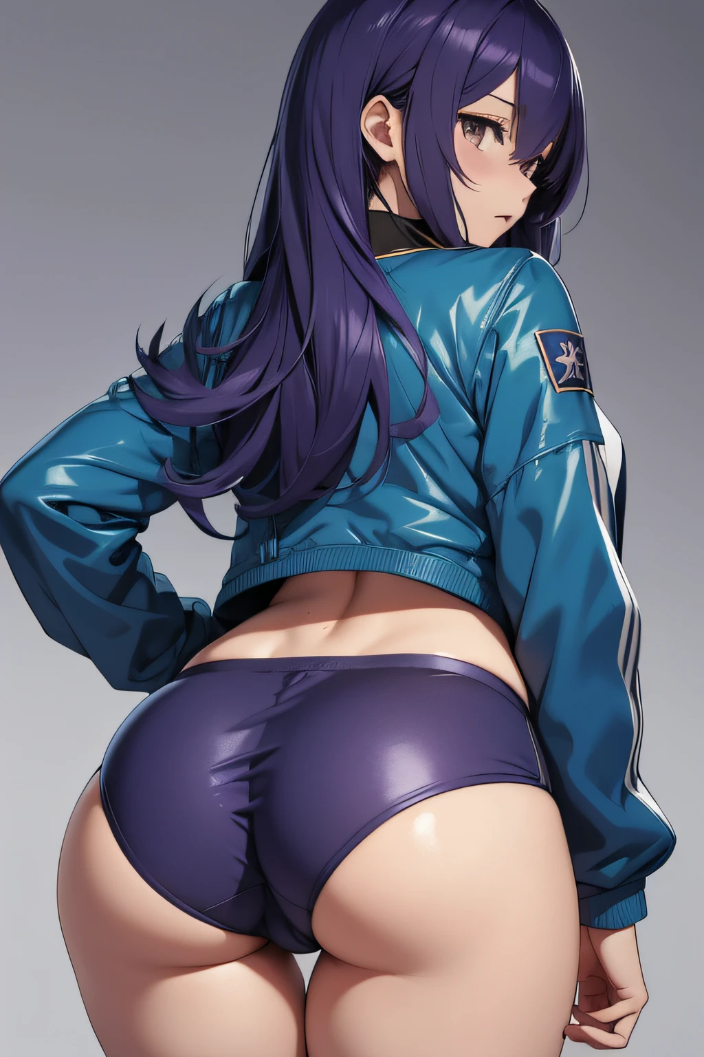 an anime girl in tight blue and black shorts showing a lot of underwear, 1girl, yuuka (blue archive), ass, solo, buruma, long hair, purple hair, from behind, jacket, white background, official alternate costume, simple background, blue jacket, ass focus