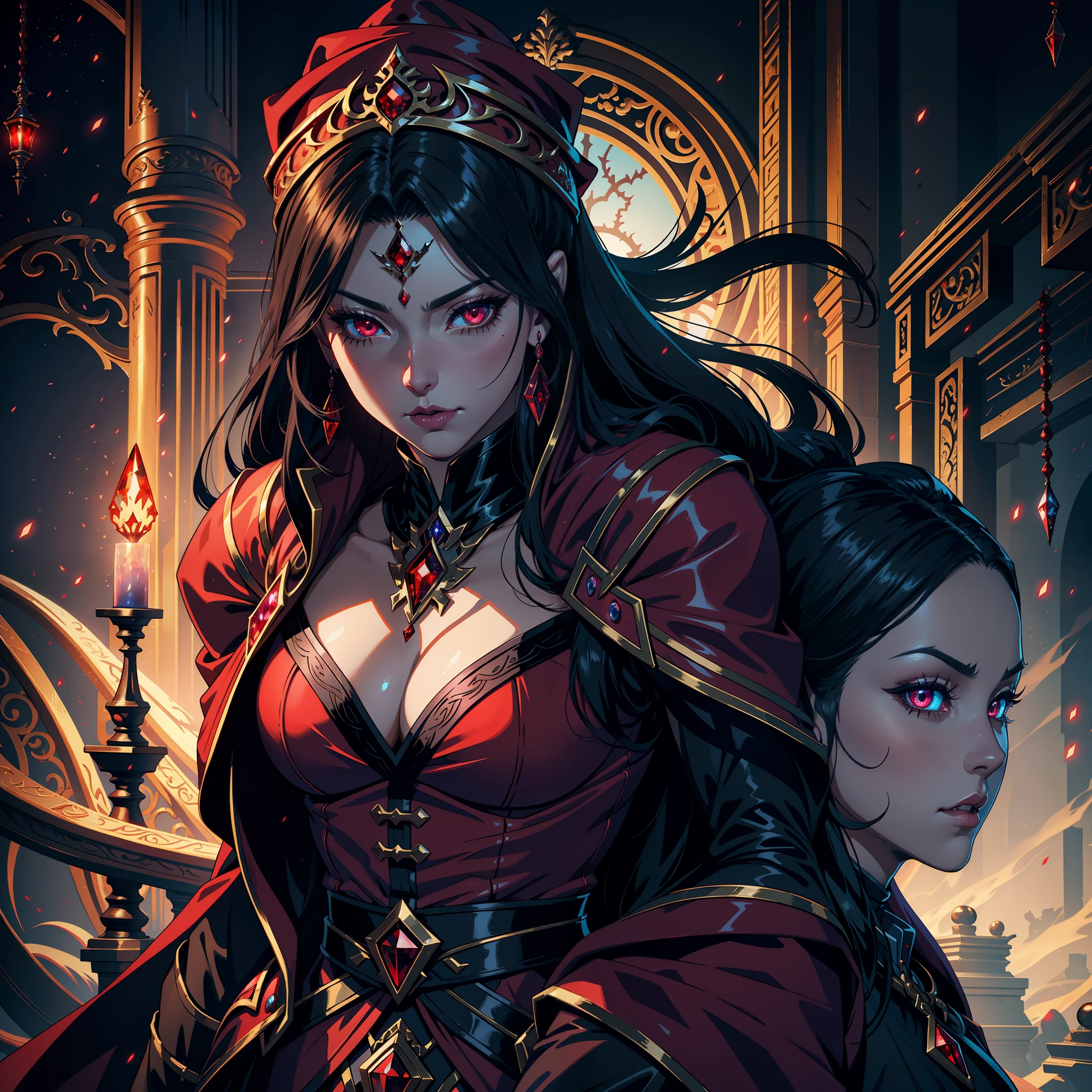 Castlevania Shadow Lord Hyper Realistic Super Detailed Very Beautiful Very Beautiful Princess in Her 30s Super Realistic Super Detailed Red Crystal Glowing Eyes with Red Turban Hokuto 3D Environment Environment Deep View