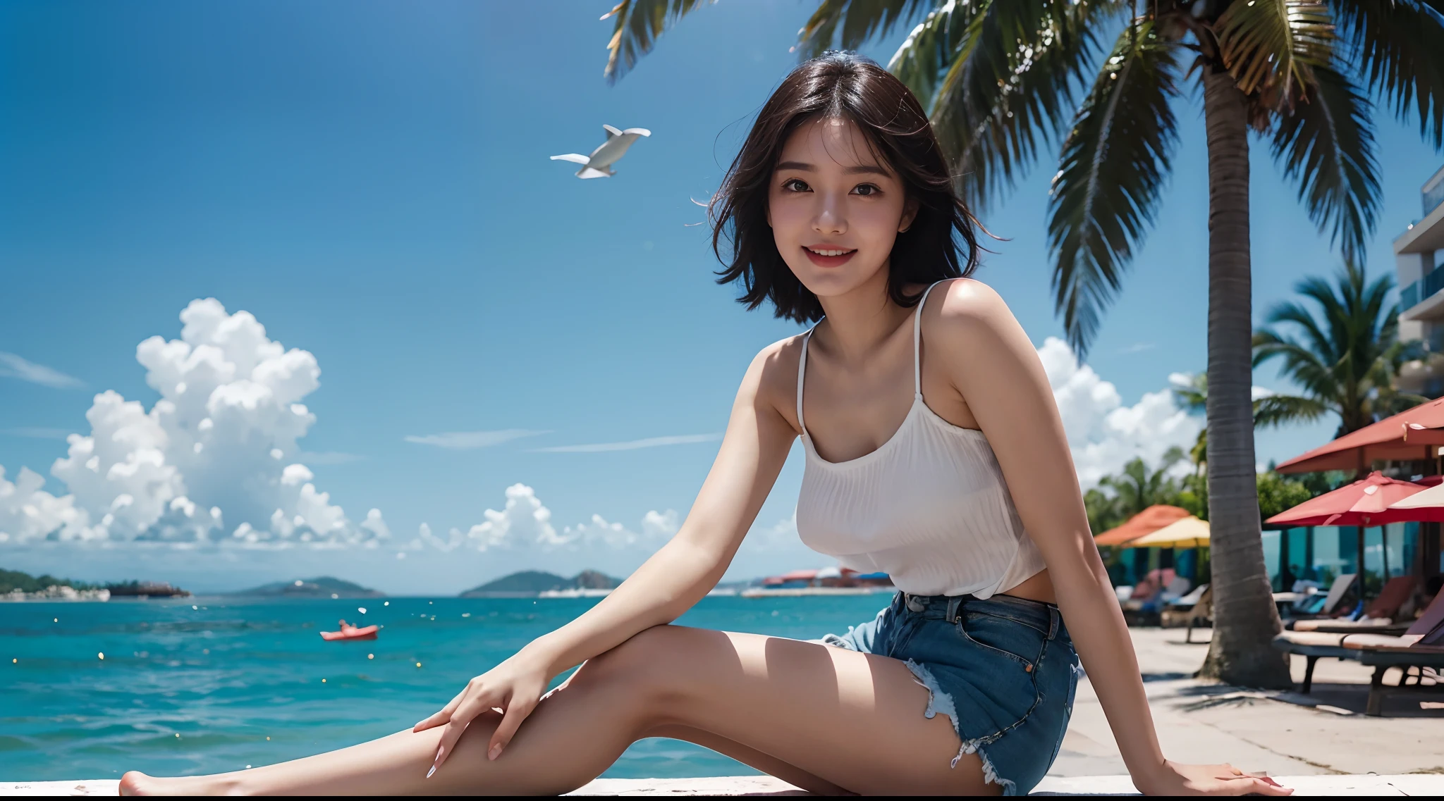 Beautifull waist, bust, -yeld Crian girl, Casual style, blue-sky, Seafront,Large subtropical palm trees, Smile, Cute. Pretty whole body, Legs, hazy_light_Background with,colourfull_girl_v2high_school. highly detaild, 8K, digital painting, Popular on Pinterest, Harper's Bazaar(Harper's Bazaar), concept, fine art, Sharp focus,asian girl,dolphin_Plaza,Rainbow Sky_Background with
