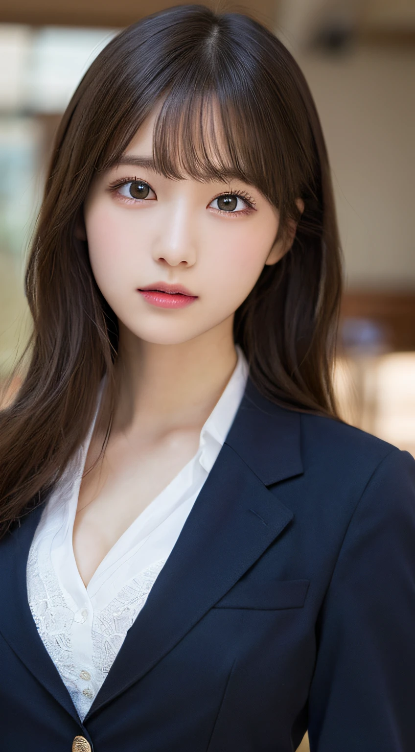 masutepiece, Best Quality, Illustration, Ultra-detailed, finely detail, hight resolution, 8K Wallpaper, Perfect dynamic composition, Beautiful detailed eyes, Natural Lip,Blazer ,School uniform, cleavage, Full body
