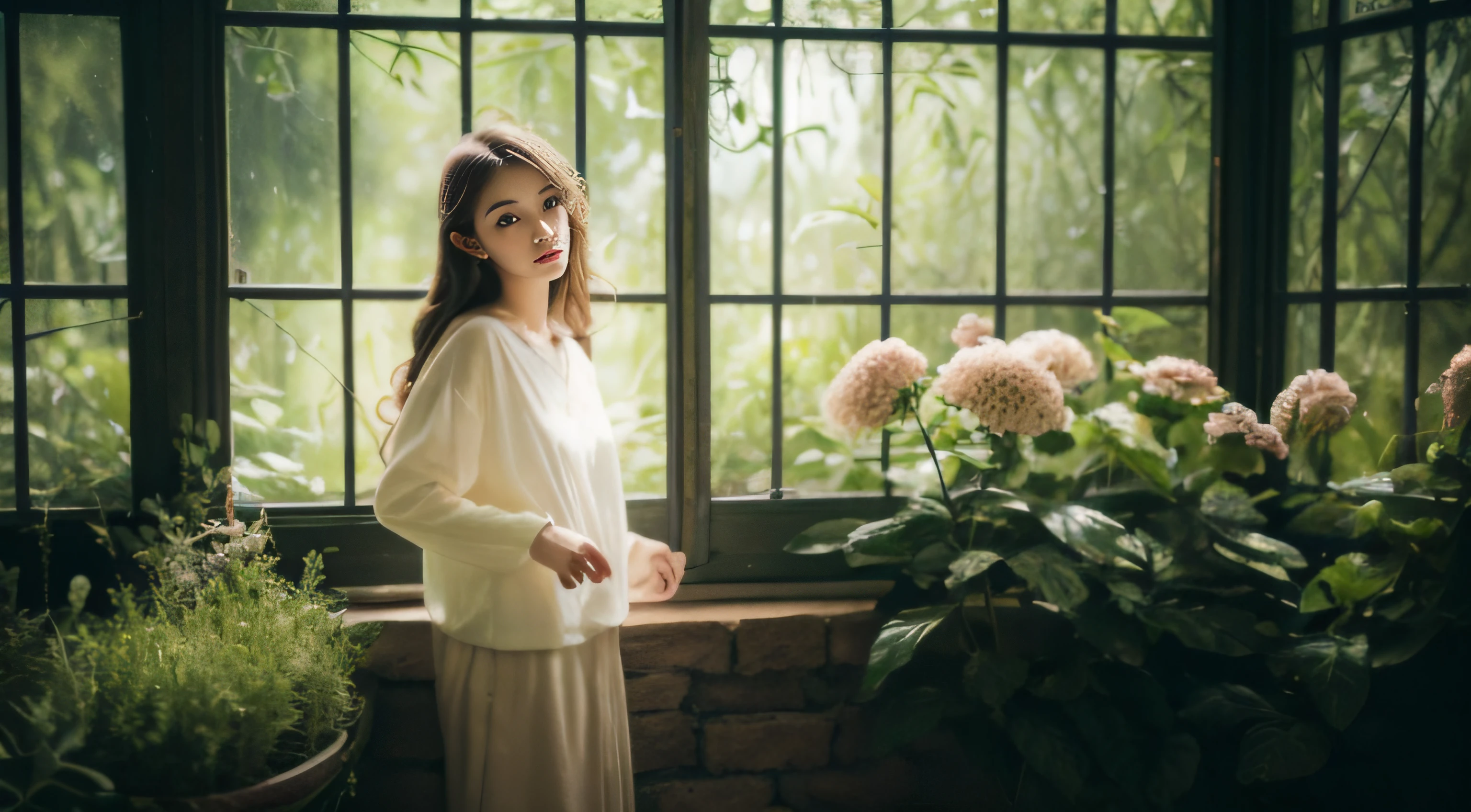 Vivid lighting, charming elegance, atmospheric depth, exquisite technique, naturalistic expression, harmonious composition, creative refinement, striking juxtaposition, 1girl, attention to face, solo, atmospheric clothing, university, interior, patience, garden, flowers, peace,