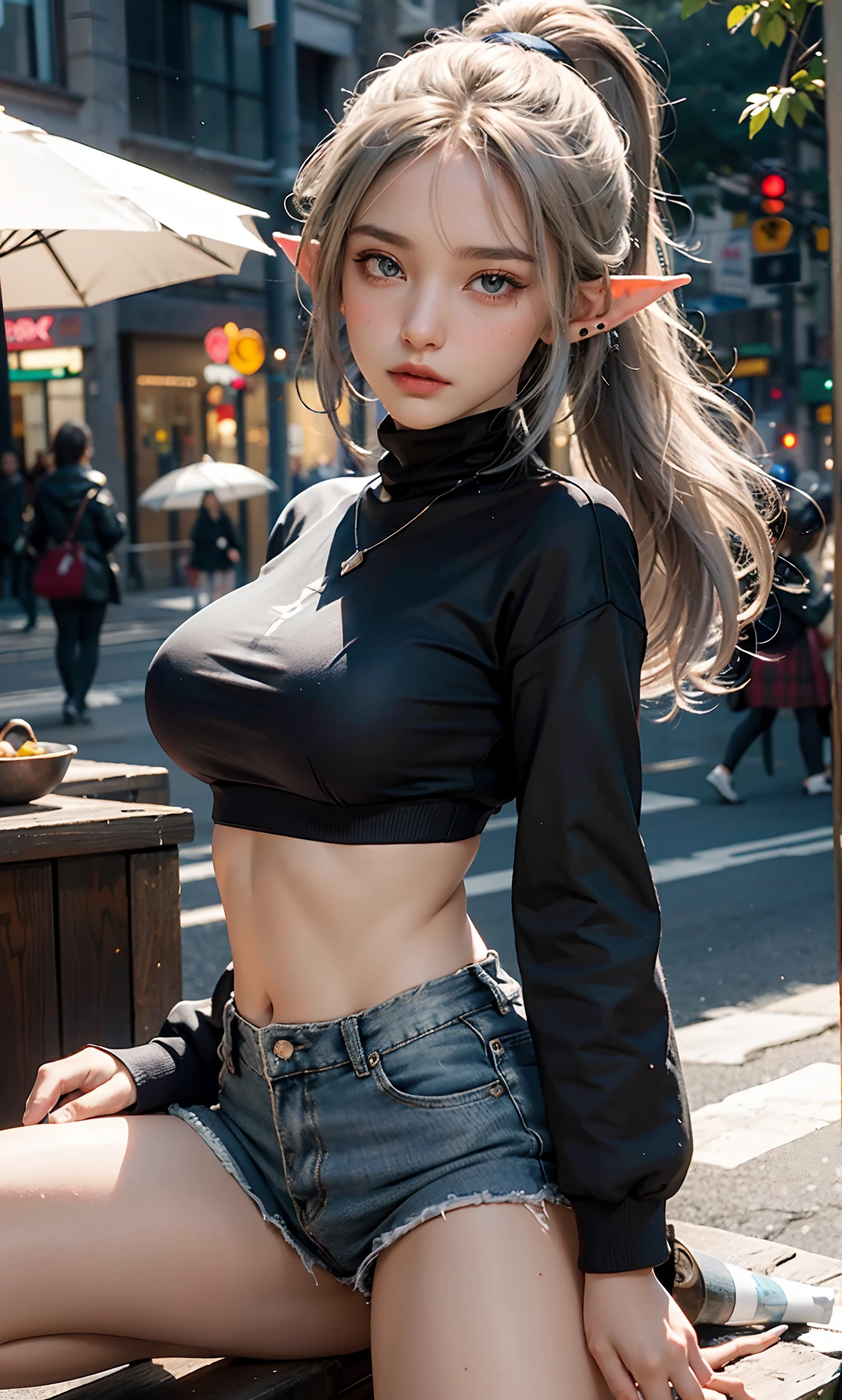 (raining day:1 silver-haired girl, Girl), tmasterpiece, best qualtiy, RAW photogr, realisticlying, the face, Incredibly Ridiculous res, Beautiful elf beauty,(Elf pointed ears),ear studs,Get wet all over, (Champagne-colored ultra-short hair,Half-tied ponytail), Sweatshirt,tiese,Half-leg jeans,Short black socks,Short black socks,Low-top canvas shoes,depth of fields, A high resolution, ultra - detailed, filigree, RAWE is very detailed, very detailed eyes and faces, Sharp pupils, realistic pupil, tack sharp focus, cinmatic lighting,full bodyesbian,Bigboobs,long leges,From the front side,Main street on a rainy day,dynamicposes,(Extremely normal body:2.0)