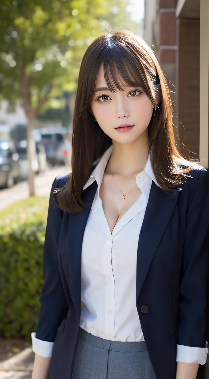 masutepiece, Best Quality, Illustration, Ultra-detailed, finely detail, hight resolution, 8K Wallpaper, Perfect dynamic composition, Beautiful detailed eyes,  Natural Lip,Blazer ,School uniform, cleavage, Full body