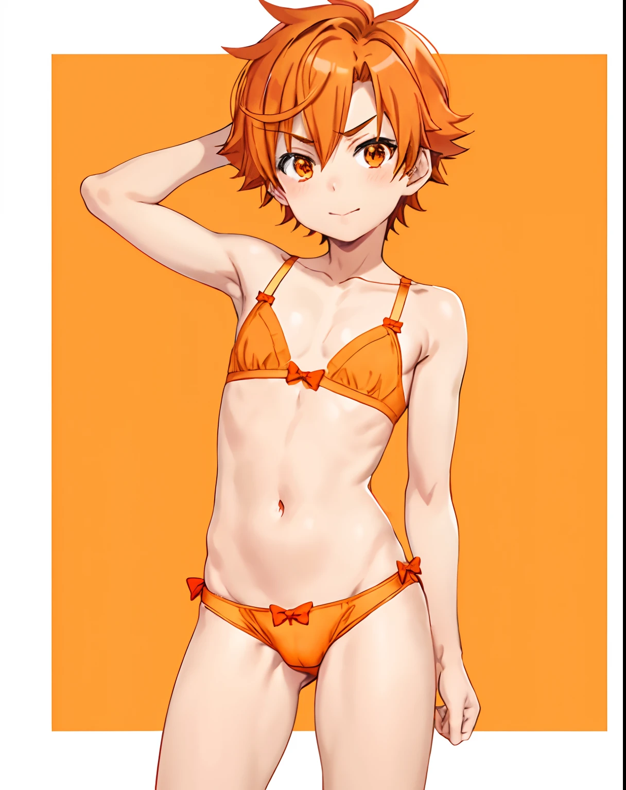 Anime boy in bra with orange bow, aya takano color style, Orange bra, Boy in orange panties, Makoto, Only underwear, garments:bra very, Rin, Anime boy with red short hair, Anime boy with brown eyes, marin kitagawa fanart, male , natsumi mukai artwrok,