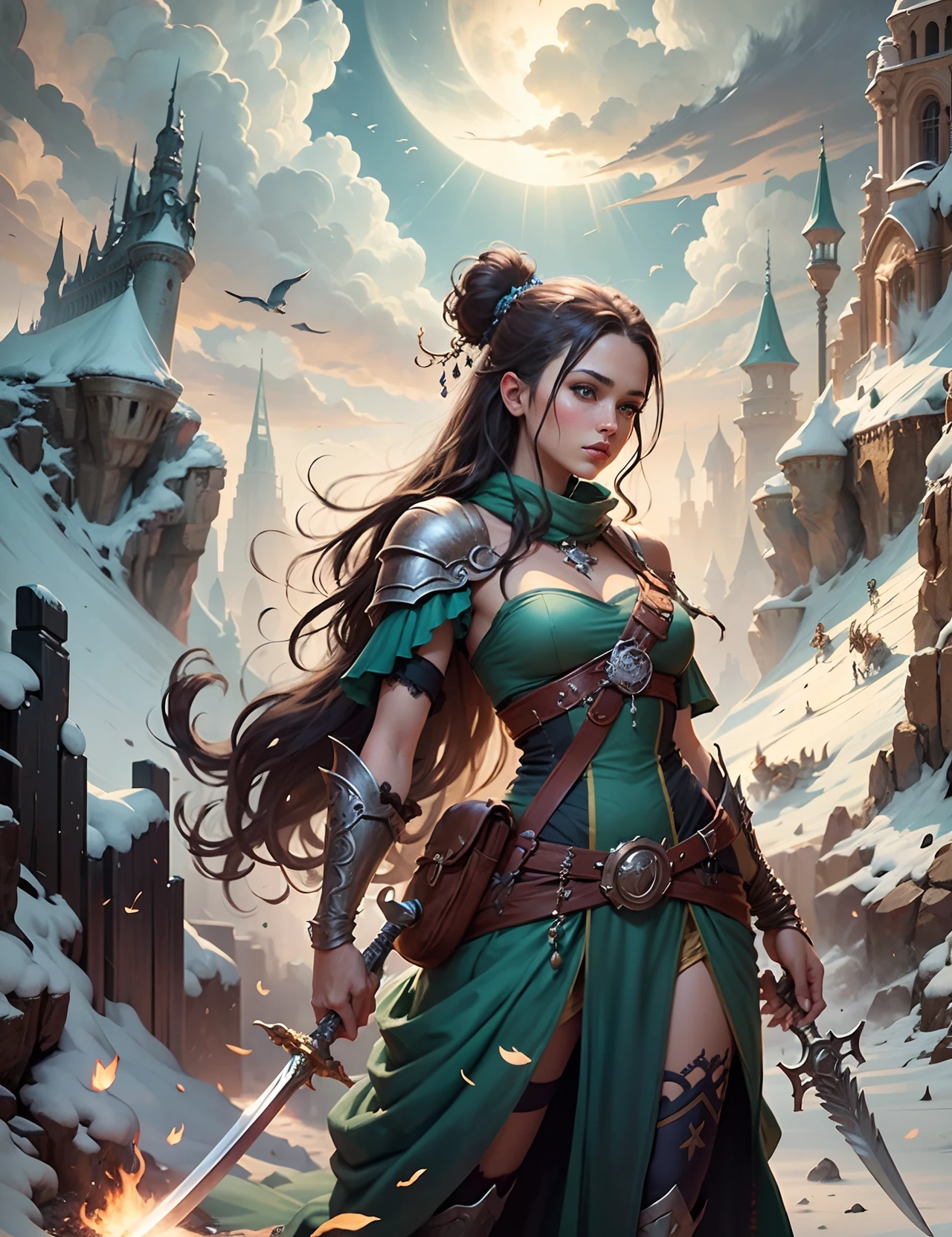 Painting of a woman with a sword and a bird in her hand, epic fantasy style art, epic fantasy digital art style, epic fantasy character art, Epic Fantasy Art Style HD, Epic Fantasy Digital Art, Fantasy Epic Digital Art, detailed digital 2d fantasy art, Epic Fantasy Game Art, Fantastique Art Behance, Epic Fantasy Art, epic fantasy art style, Illustration of epic fantasy --auto --s2