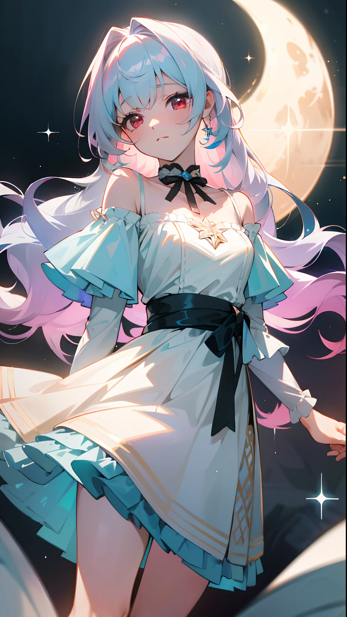 (masterpiece, best quality:1.3),beautiful detailed glow,best illuminate,(((best quality,textile shading,ultra detailed))),extremely detailed CG unity 8k wallpaper,Highly Detailed beautiful and aesthetic,best light,high resolution,detailed,dynamic lighting , 1Character , pastel washed out colors , cell shade , soft, muted shades ,gentle colors ,
She wears a pastel lavender, off-shoulder blouse with a delicate ruffled neckline, The blouse is adorned with tiny, iridescent sequins that shimmer, a flowing, pastel pink skirt with layers of sheer fabric, The skirt is adorned with pastel blue and silver star-shaped embroidery, with a pastel blue ribbon choker featuring a crescent moon pendant,
Pretty girl , with extremely long hair , pure white hair , red eyes , has bangs , pale skin ,age 21,