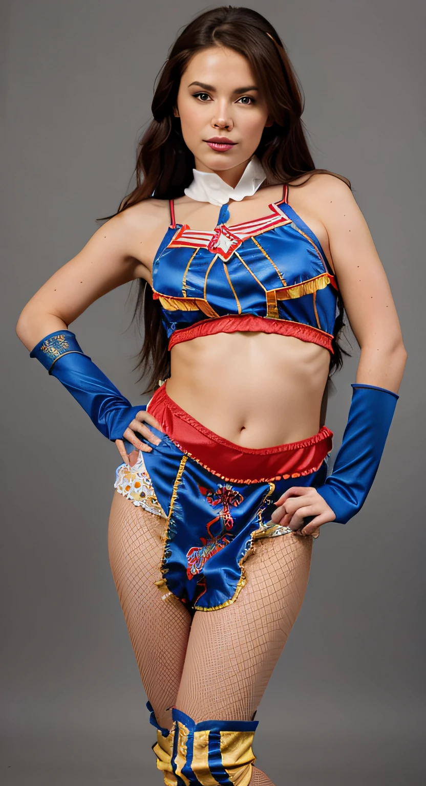 Une femme brune au cheveux long en costume bleu et rouge posant pour une photo, Detailed maintenance ,Costume aux accents bleus, Detailed accessories ,hyper detailed, detailed body, tenue de catch, High quality costume,