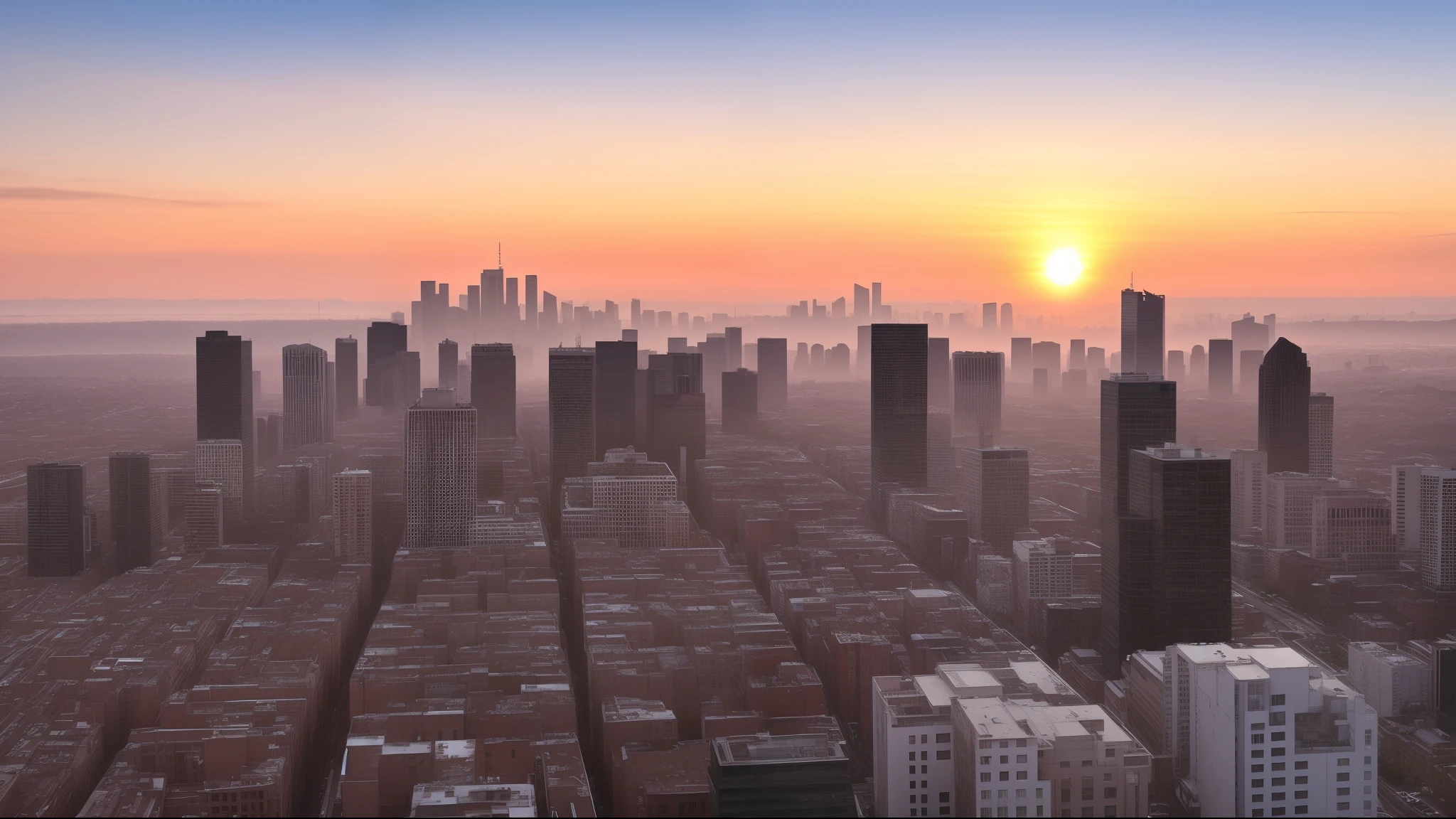 Beautiful sunrise in the city, tall buildings