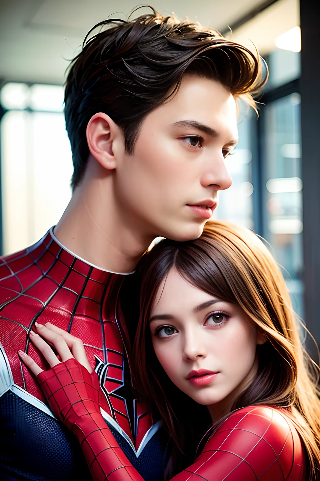 RAW,2people,1girl and 1boy, (A charming 18 year old Chinese girl and boy hugging together: 1.5), (with mask, Spider-Man mask: 2), handsome, Spider-Man classic pose, shooting spider silk, masterpiece, super fine photo, best quality, super high resolution, photorealistic feeling, sunny handsome, full body portrait, delicate face, vibrant eyes, (viewed from the side), she is wearing a futuristic Steel Woman Spider-Man costume, very detailed background, detailed face, detailed complex busy background, highly detailed skin, realistic skin details, visible pores, sharp focus, volumetric fog, 8k UHD, DSLR, high quality, film grain, photo realism, wheat skin,