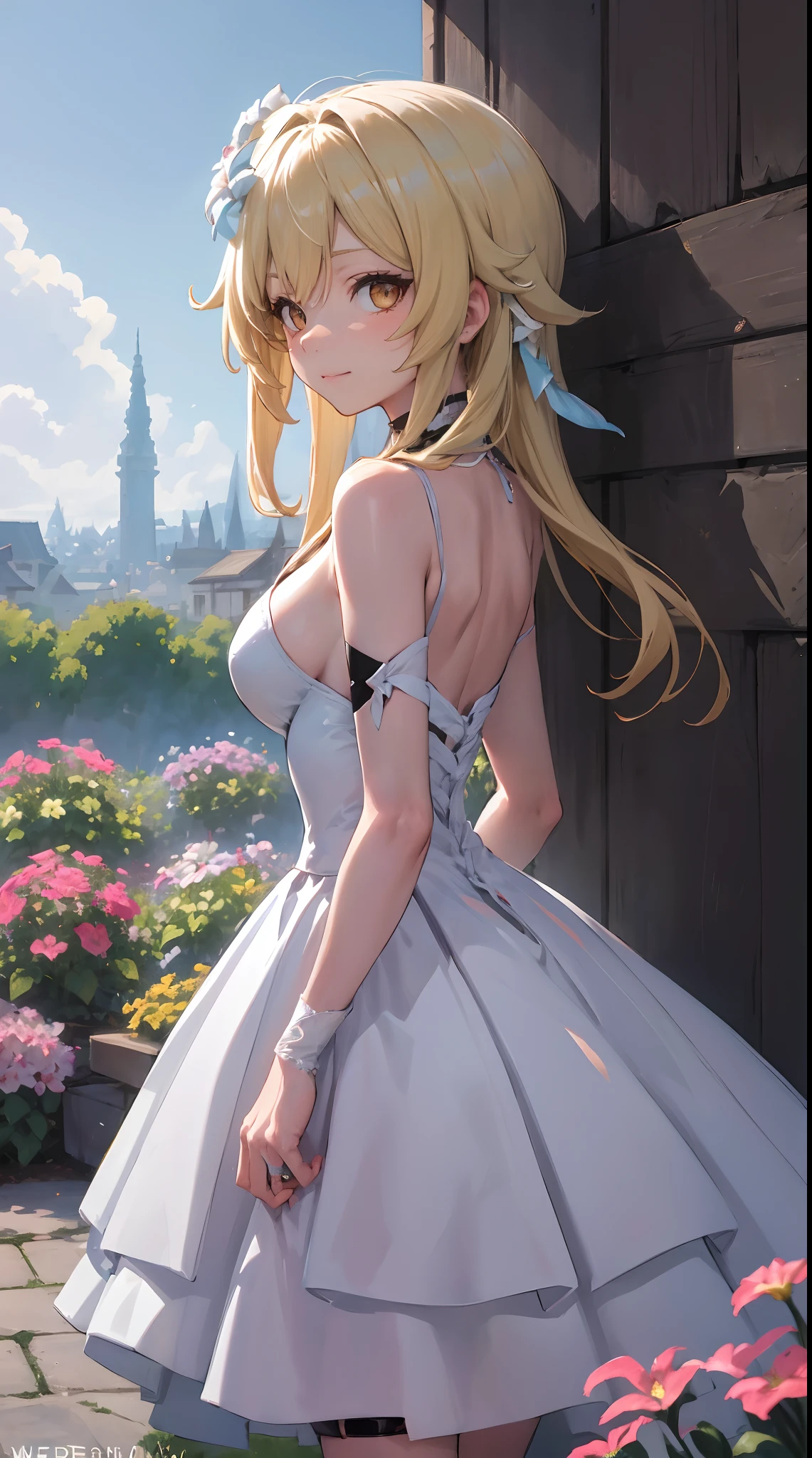 Lumine | genshin impact, master-piece, bestquality, 1girls,25 years old, proportional body, proportional., long-haired, Wedding Dresses, White Wedding Dress, Long skirt, mediuml breasts, ,bara, choker, Standing in the middle of a flower garden, outdoor, The sky is beautiful, arm behind back, against wall, View viewers from the front., Thigh strap, Head tilt, bored, 10, 10, HD, slight smile,
