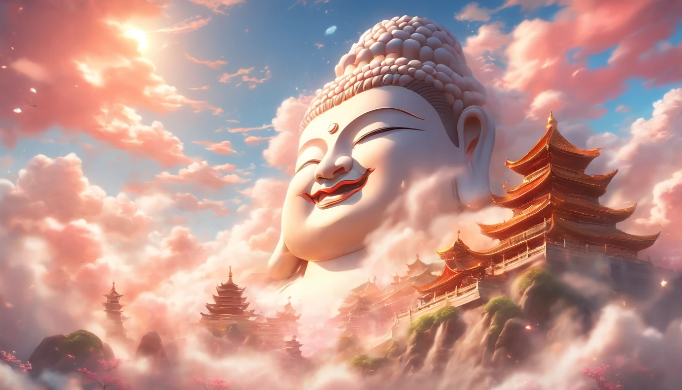 ((Masterpiece)),(Best quality)),China-style,In the sky, The clouds form a huge transparent glowing white Three Laughing buddha statue,Thick clouds,The sun shines,Pilgrims on the road,Hyper-realistic,Ultra photo realsisim,Real Photographics,8K,High definition,high qulity,Works of masters,super-fine,(((OC renderer)))