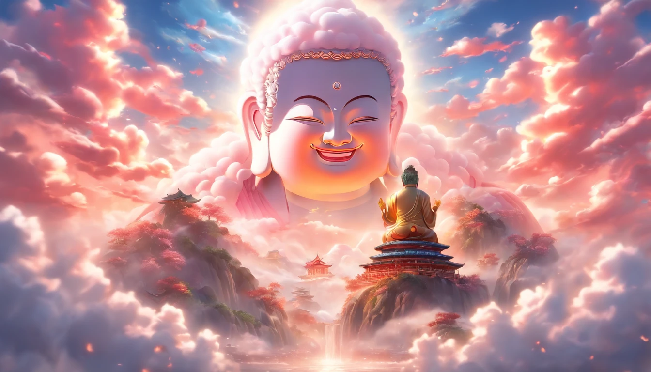 ((Masterpiece)),(Best quality)),China-style,In the sky, The clouds form a huge transparent glowing white Three Laughing buddha statue,Thick clouds,The sun shines,Pilgrims on the road,Hyper-realistic,Ultra photo realsisim,Real Photographics,8K,High definition,high qulity,Works of masters,super-fine,(((OC renderer)))