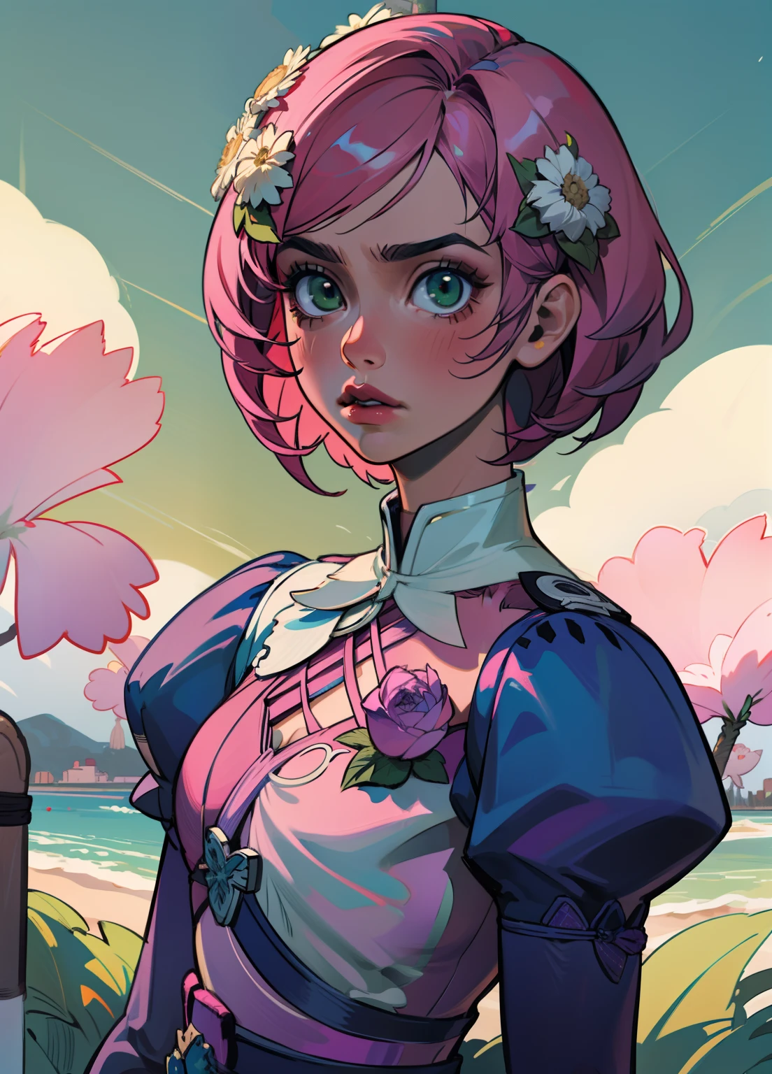 (master part, melhor qualidade) Alisa Rosto bonito, Olhos verdes detalhados , roupas elegantes e detalhadas , puffy lips ,Short Pink Hair Flower Accessories, (melhores detalhes) ( best quality) espetacular, dramatic scenery, tekken
