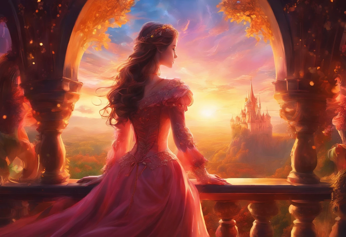 (Best Quality, 4k,8k wallpaper)、There is a girl on the roof of a medieval western castle、Clean face、Wear the princess's dress、Looking at the sunset sky、Cinematic lighting dyed in sunset colors、