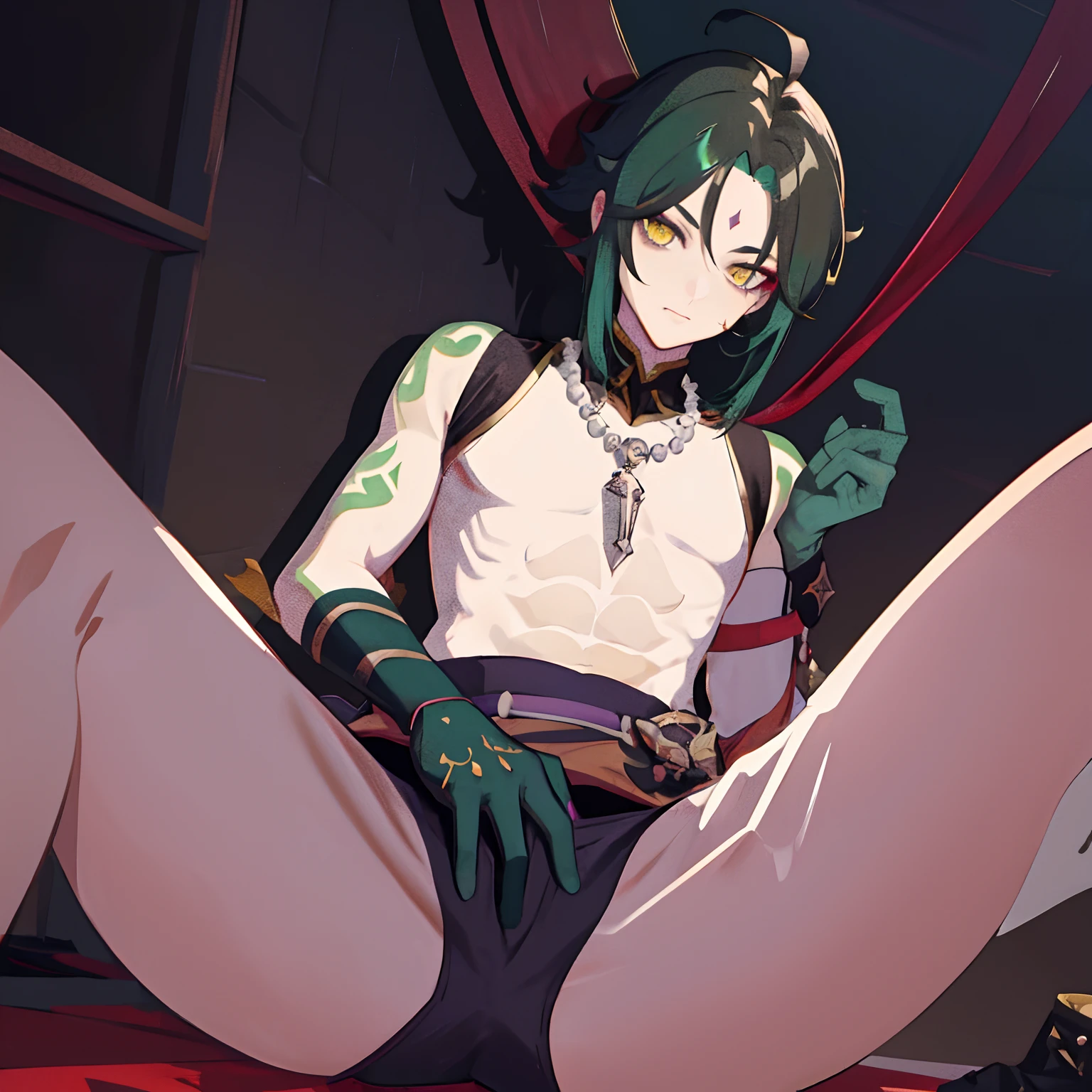 1boy,dark green hair,best quality,masterpiece,extremley,yellow eyes,male focus,beautiful eyes,Xiao (genshin impact), 1 boy, bones necklace, animal fangs necklace, arm tatoo, dark red hair, Chinese clothes, green eyes, male focus, red mark on forehead, no shirt, a red string runs from the shoulder to the chest,look at you with half an eye, smirked, put his hand to his mouth to signal silence, glove, stare at you, looking straight, make ''be quiet" signal, cover mouth by finger, looking at you, inside, red rope cover nipples, red rope cross breast, spread pussy, spread legs, pussy pov