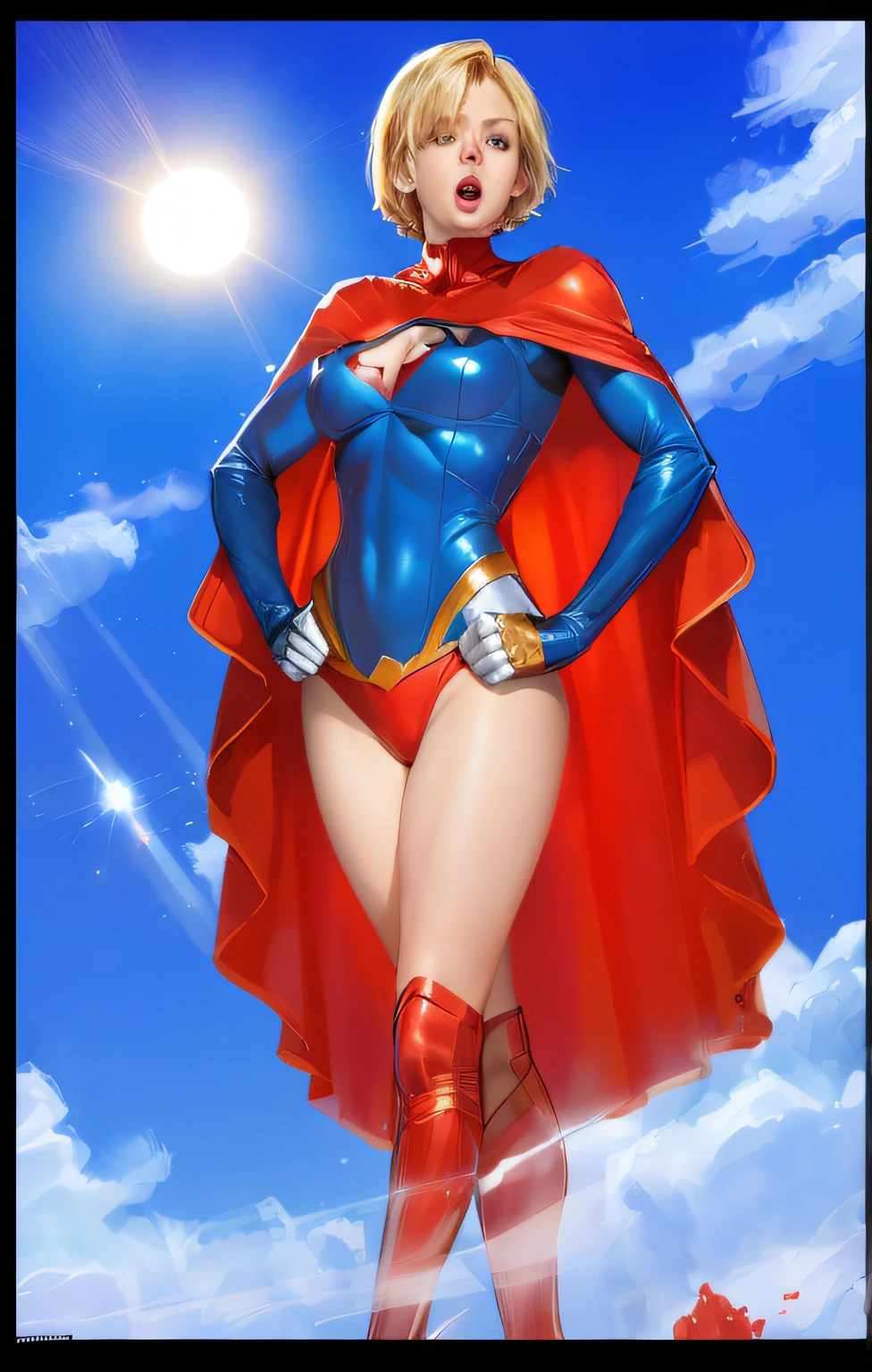 Beautiful woman short hair defined body big breasts, big thighs wearing a Supergirl cosplay, well designed eyes