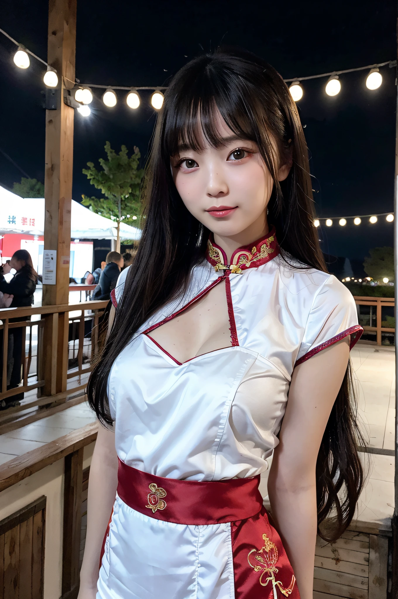 ((masutepiece)), ((Best Quality)), (Ultra-detailed), ((Extremely detailed)), 4K, (8K), Best Quality, (Beautiful), city, backstreet, Winters, Cute little girl s, 1girl in, Solo, Cheongsam with slit、Satin fabric, The costume, poneyTail, Beautiful black hair 0, ((Beautiful eyes)), large full breasts,