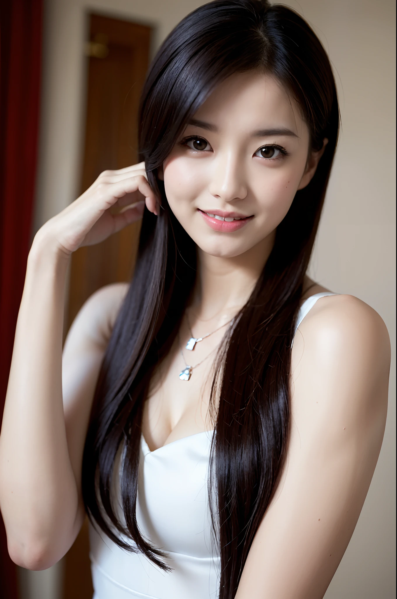 The best smile、masterpiece、Japan Idol Actress、22year old、Model-grade style、Clear black eyes、studio shoot、Express me as a bare、