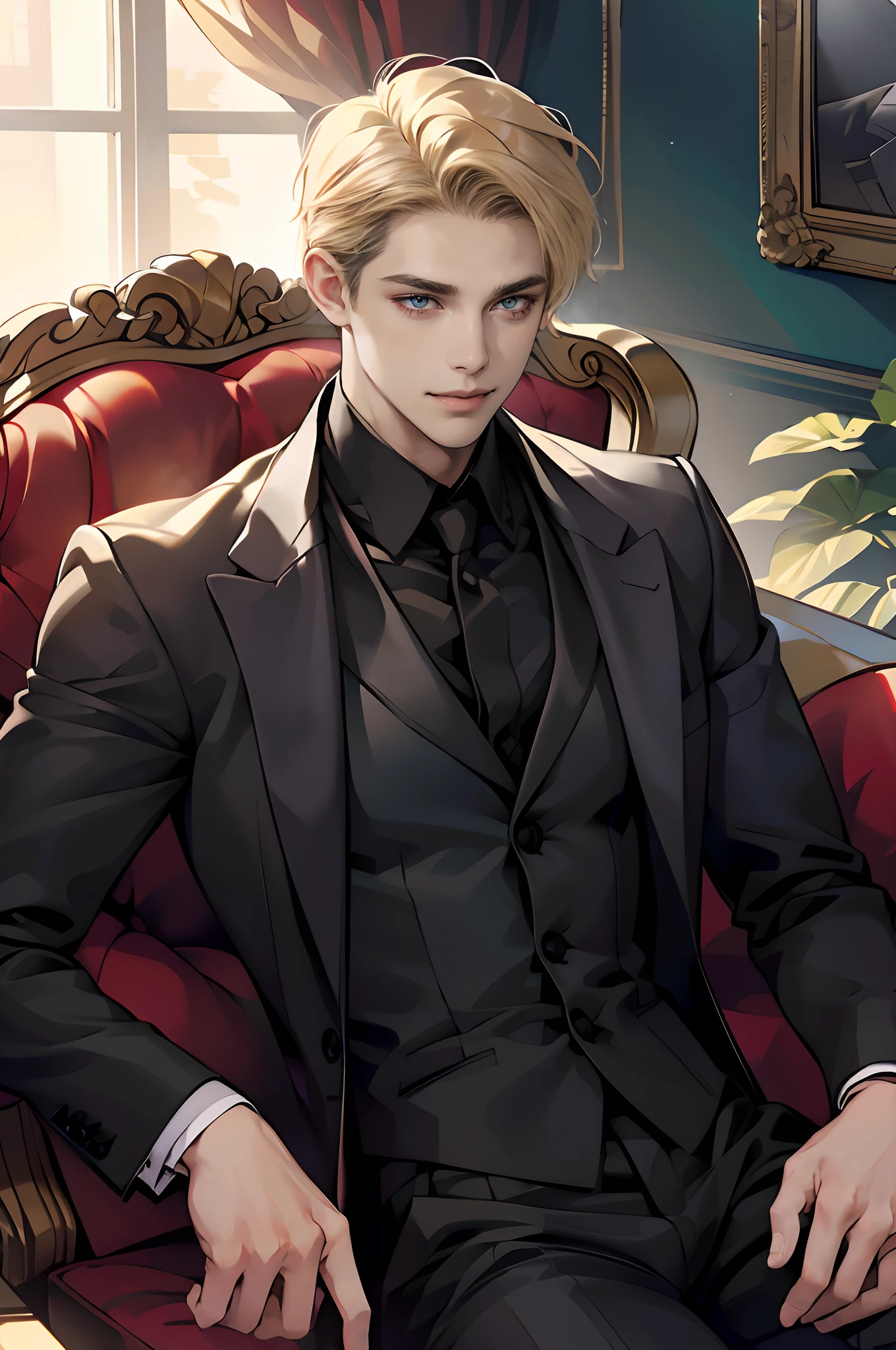 (tmasterpiece, high resolution, ultra - detailed:1.0), (1boy, Young male), Perfect male body, Eyes look at the camera, Extremely detailed CG, Unity 8k wallpaper, Complicated details, solo person, Detailed face, (with short golden hair, Forehead exposed, Black shirt, 3-piece-suit, Sit on the sofa in a luxurious room), (Evil smile),color difference, Depth of field, dramatic shadow, Ray tracing, Best quality, offcial art,