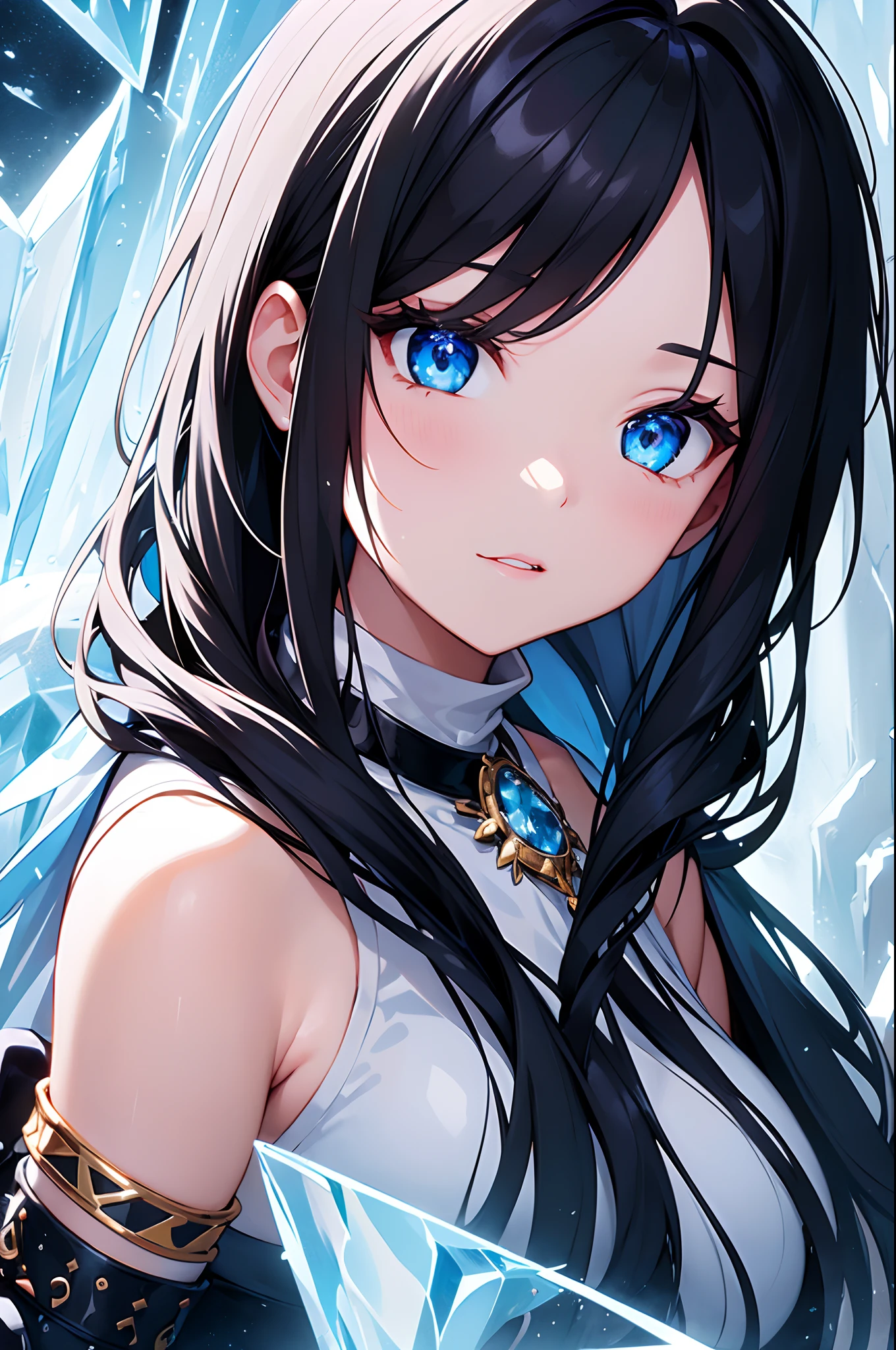 (masterpiece, ultra detailed) 1 ice witch with long black hair protecting herself with an ice wall from an electric attack, black and white clothes, golden bracelet, beautiful face, beautiful eyes, scene, frost effect
