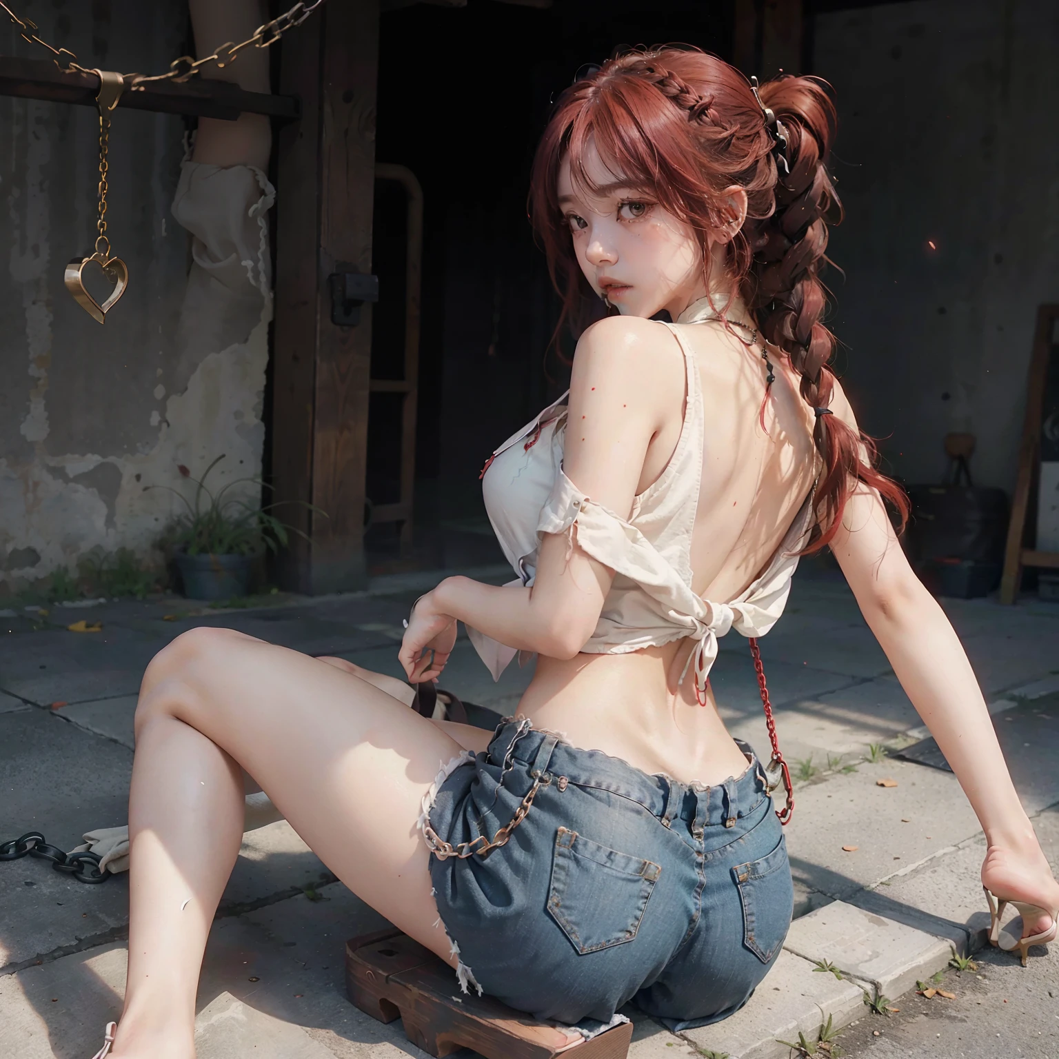 Raise your legs and hang in the air,Exposing the soles of the feet、Lie down with your hips turned away、sole of feet、M-shaped legs、Woman opening her legs、Clothes melting、master piece、1 persons、独奏、Braids、Torn clothes、Cuffed、chains、a navel、Tears、(back arms:1.2)、Shibari、chains、Heart-shaped pupil、Scream、Hand flail、Flail、Ruined restroom、red hair、White shirt、black necktie、White pants --auto
