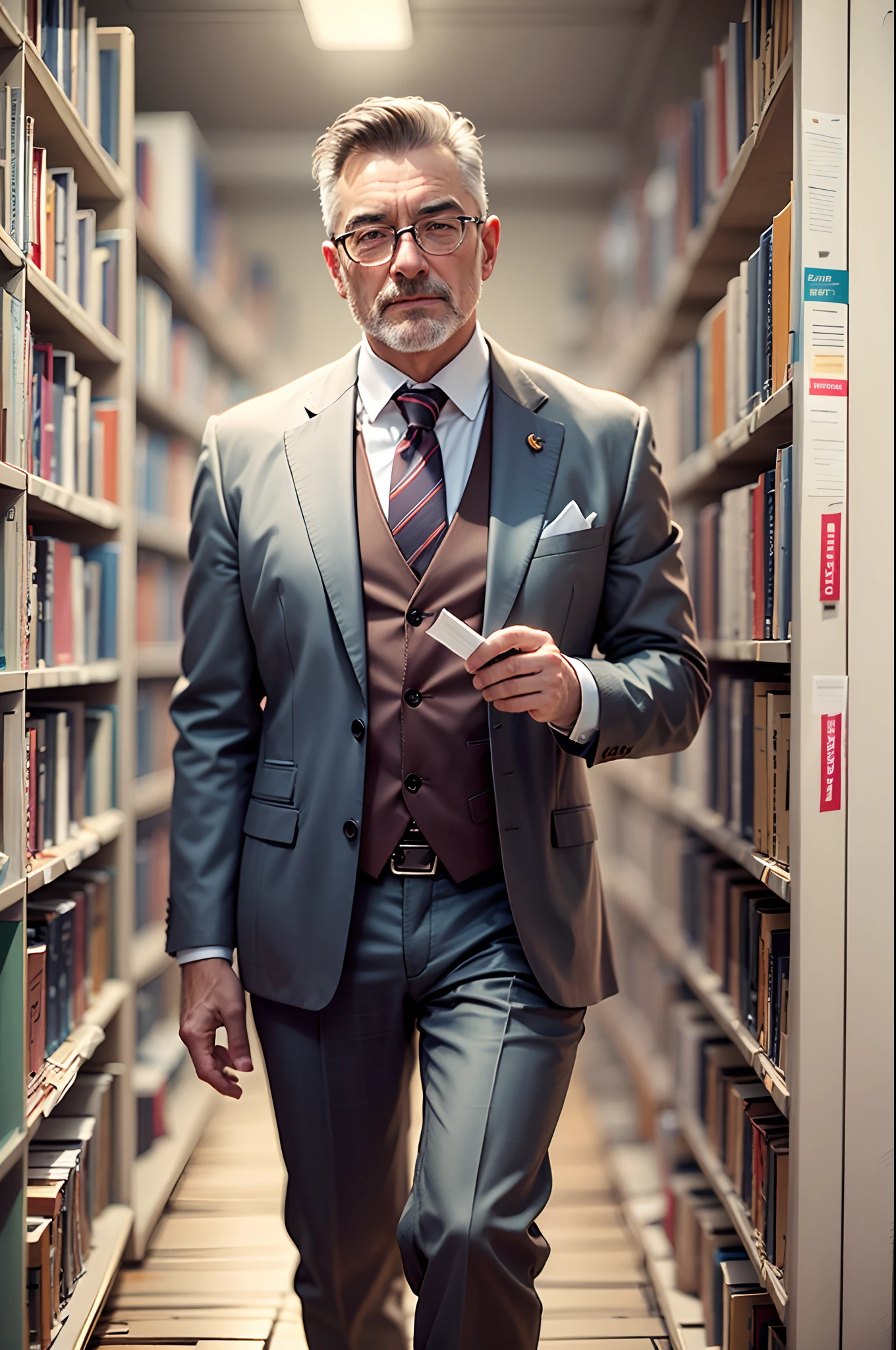 High-quality image of a successful middle-aged lawyer, seduto dietro ad una scrivania di legno e sullo sfondo una libreria di legno  - --auto --s2