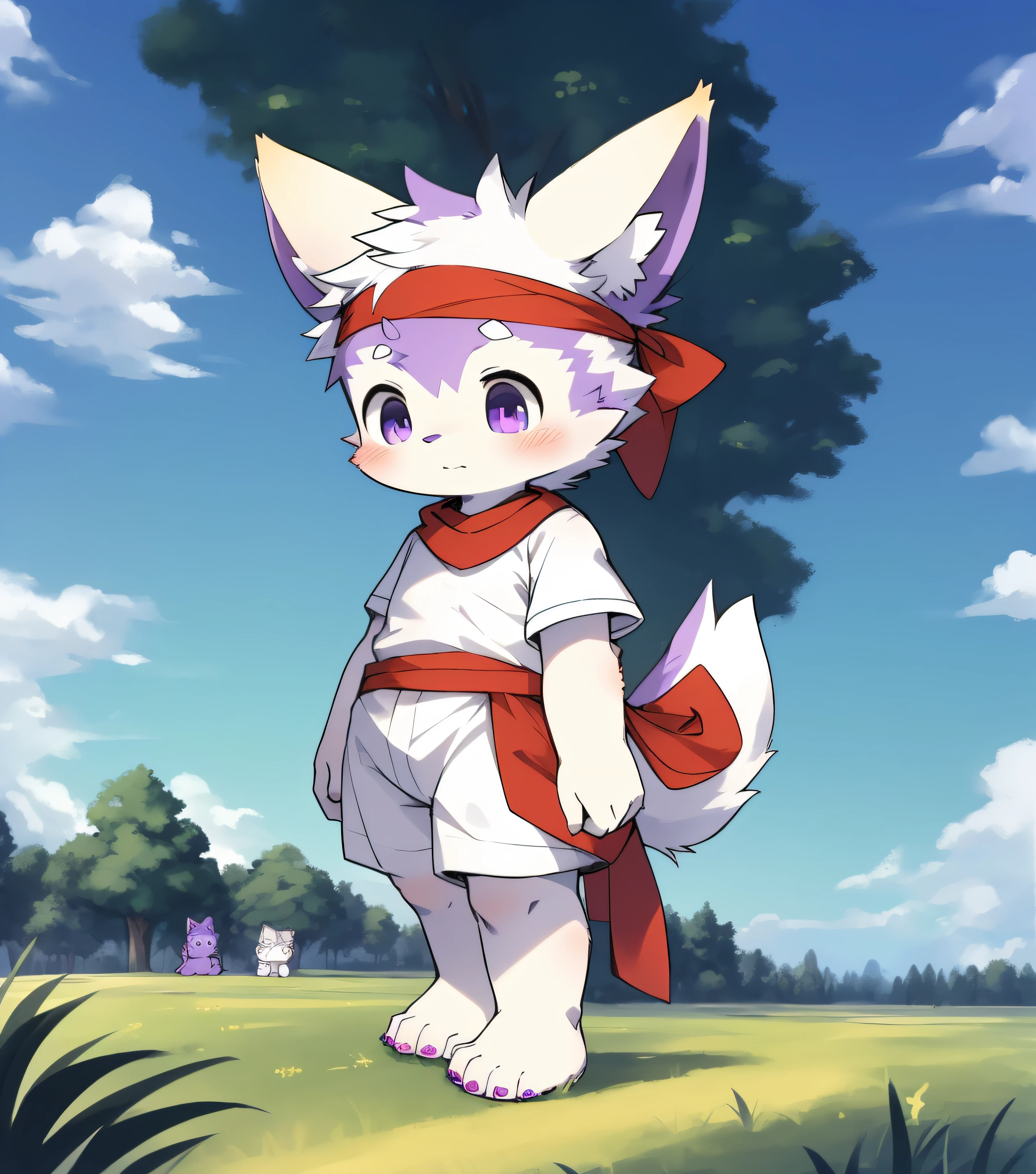 Purple fur，Purple fur，Purple skin，Beast too，Orc little boy，grassy fields，lawns，standing on your feet，Attention，blue-sky，shaggy，shaggy，Purple fur，Purple fur，Purple fur，Purple fur，male people，canid，adolable，adolable，adolable，solo person，Detailed fur，Purple eyes，Thick eyebrows，Fluffy tail，white short sleeve，short white pants，ultra - detailed：1.0，Libido boy，toddlers，toddlers，toddlers，Children，children's，Gamine，Beast too，Beast too，Beast too，adolable，adolable，Shota（Via Dagasi：1.1），anatomy correct，Barefoot，The barefoot，Barefoot，Barefoot，Barefoot，standing on your feet，Attention，bald-headed，Cat feet，lawns，grassy fields，On the lawn，on a grassy field，Step on the grass，Trampling on small grass，Step on the grass，Trampling the meadow，Step on the lawn，Trampling the lawn，bald-headed，balding，balding，Purple feet，Purple feet，Purple feet，Purple feet，Trampled grass，Trampled grass，Stand on the lawn，standing in grassy field，Stand on the lawn，There are footprints on the lawn，Footprints on the lawn，marshes，mud ground，Dirt roads，Muddy in the grass，sludgy，red waistband，Red headband，Blood，A child with a serious expression