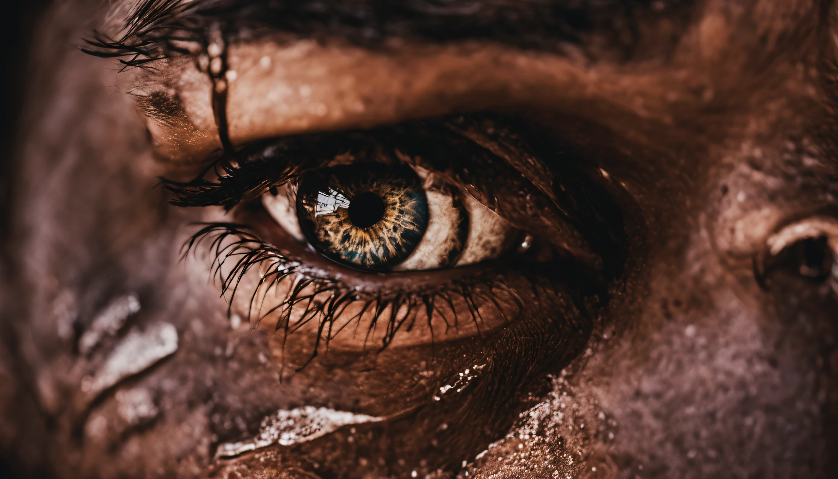 Close-up of a civilian's fearful eyes, reflecting the chaos and destruction of the conflict between Israel and Hamas. Medium: Photography. Style: Intense and emotional, drawing inspiration from the works of Steve McCurry. Lighting: Diffuse backlighting, highlighting the moisture and fear in the eyes. Colors: Deep browns and blacks, with a hint of the surrounding environment reflected in the eyes. Composition: Captured with a Nikon D850, using an 85mm lens, Resolution 45.7 megapixels, ISO sensitivity: 64, Shutter speed 1/60 second, with a shallow depth-of-field focusing solely on the eyes, blurring out the surrounding chaos.