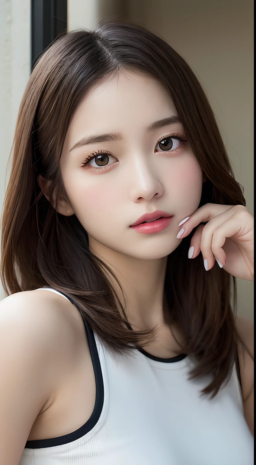 Japanese women, Close-up of face, Light brown hair, Hair tied back, Party Dresses、Ultra Fine Face, Thin face, Delicate lips, (Beautiful Eyes:1.5), Light blush, eyes are light brown,Looking up at the camera、Very thin fingers,First Person View,  8k, Super Detail, high quality, 最high quality, High resolution,nsfw