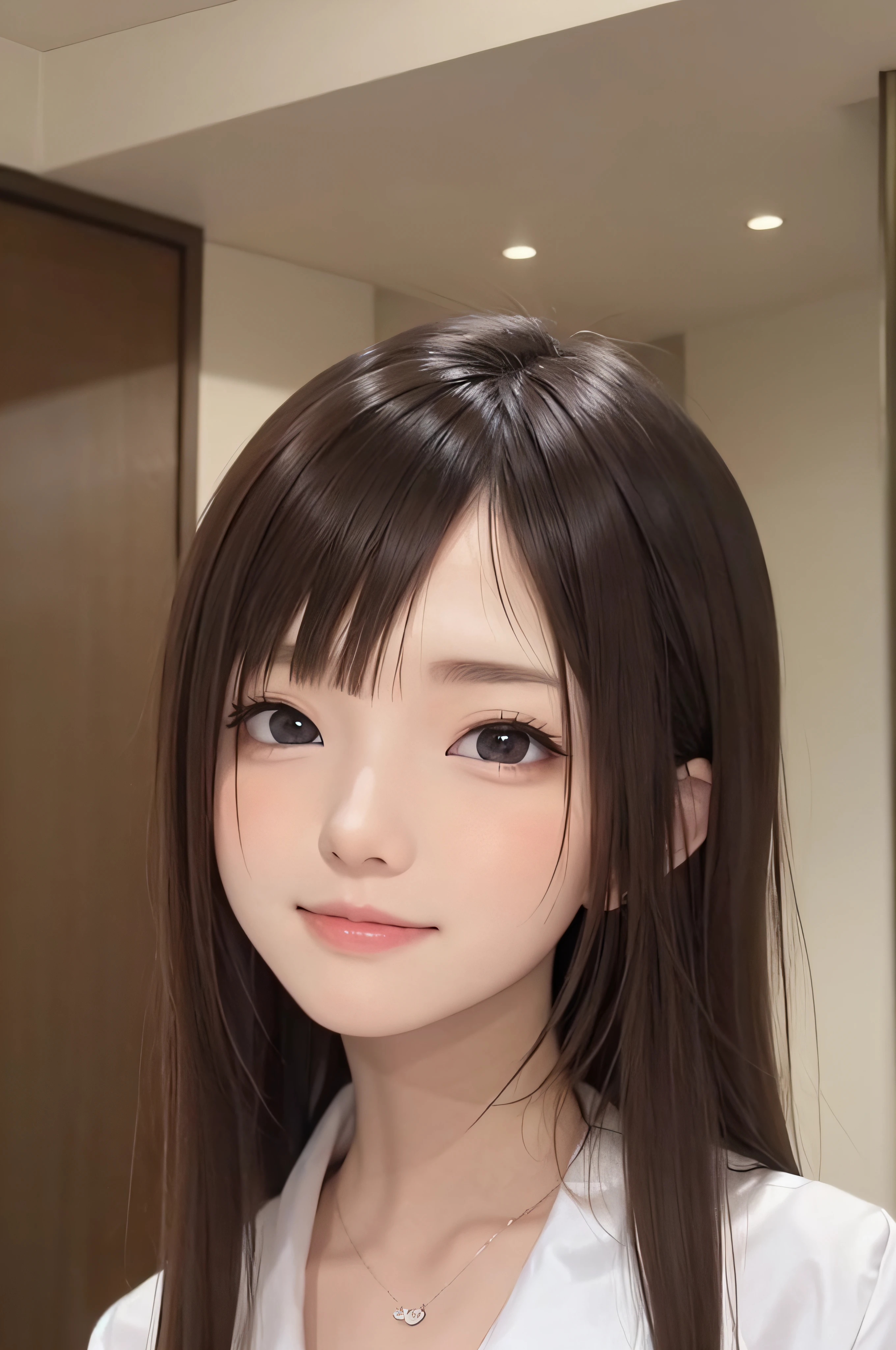 14years、brown haired、beautidful eyes、real looking skin、hi-school girl、small tits、(8K、masterpiece)、(reallistic、Photorealsitic)、top-quality、ighly detailed、The ultra-detailliert、Beautie、cute little、japanes、idol、a smile、Close-up portrait、Healthy face